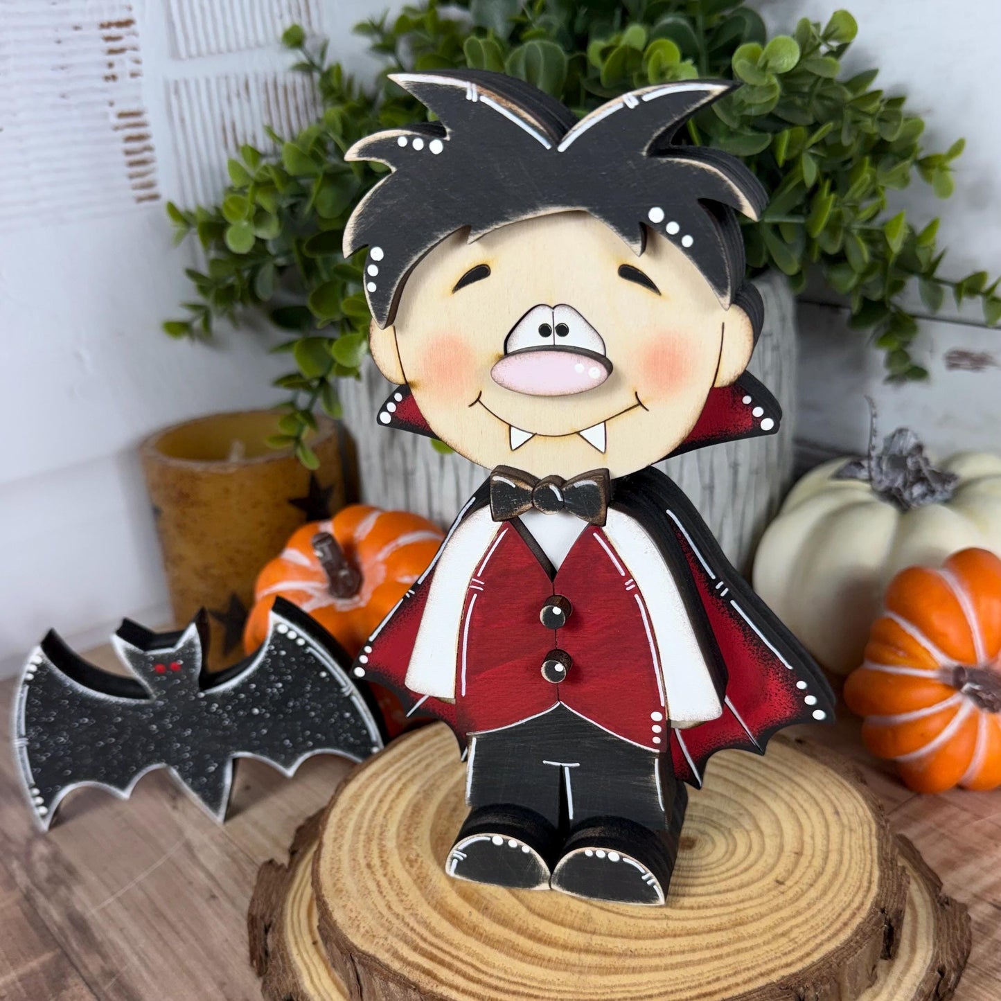 Hand-Painted Wooden Vampire and Bat Halloween Shelf Decor
