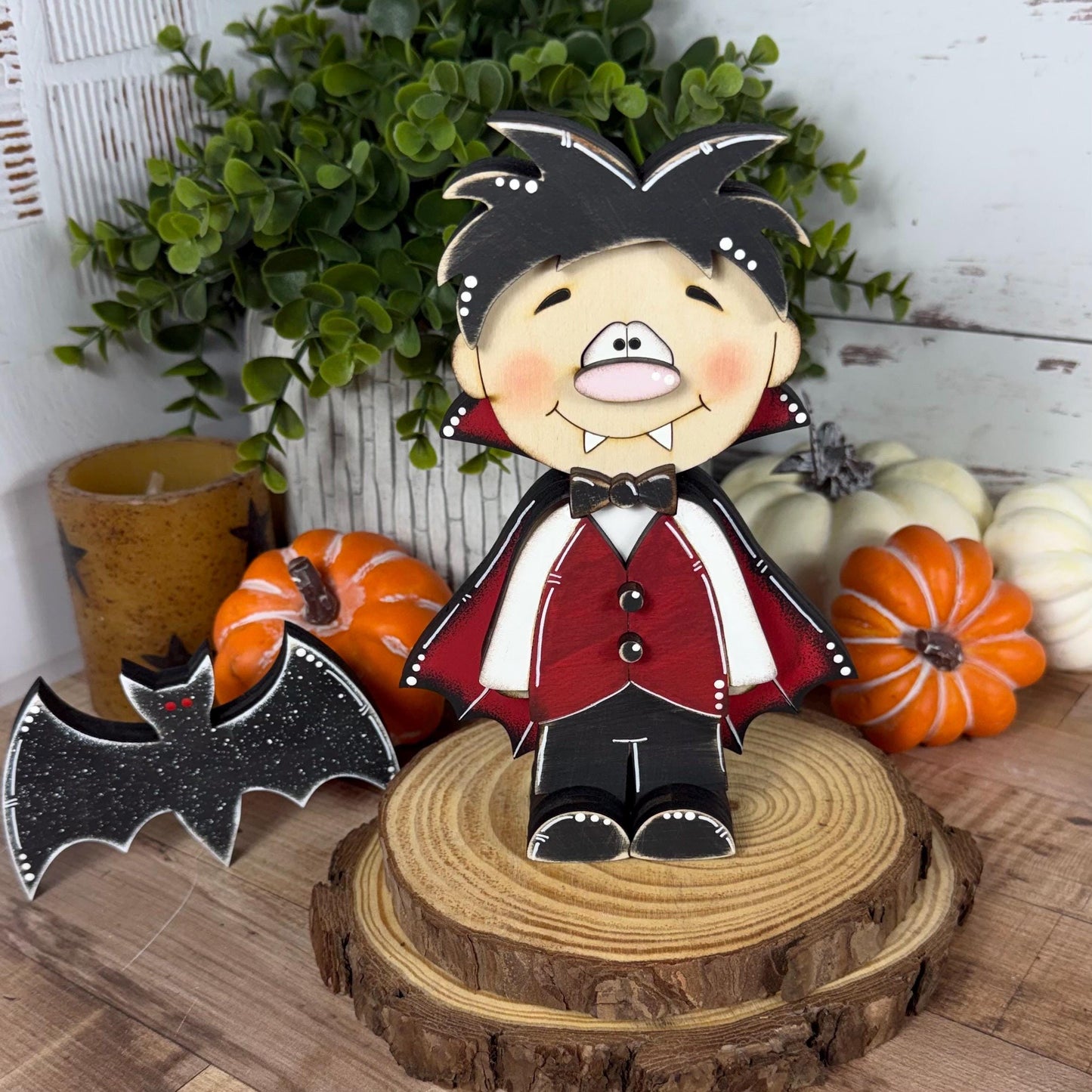 Hand-Painted Wooden Vampire and Bat Halloween Shelf Decor