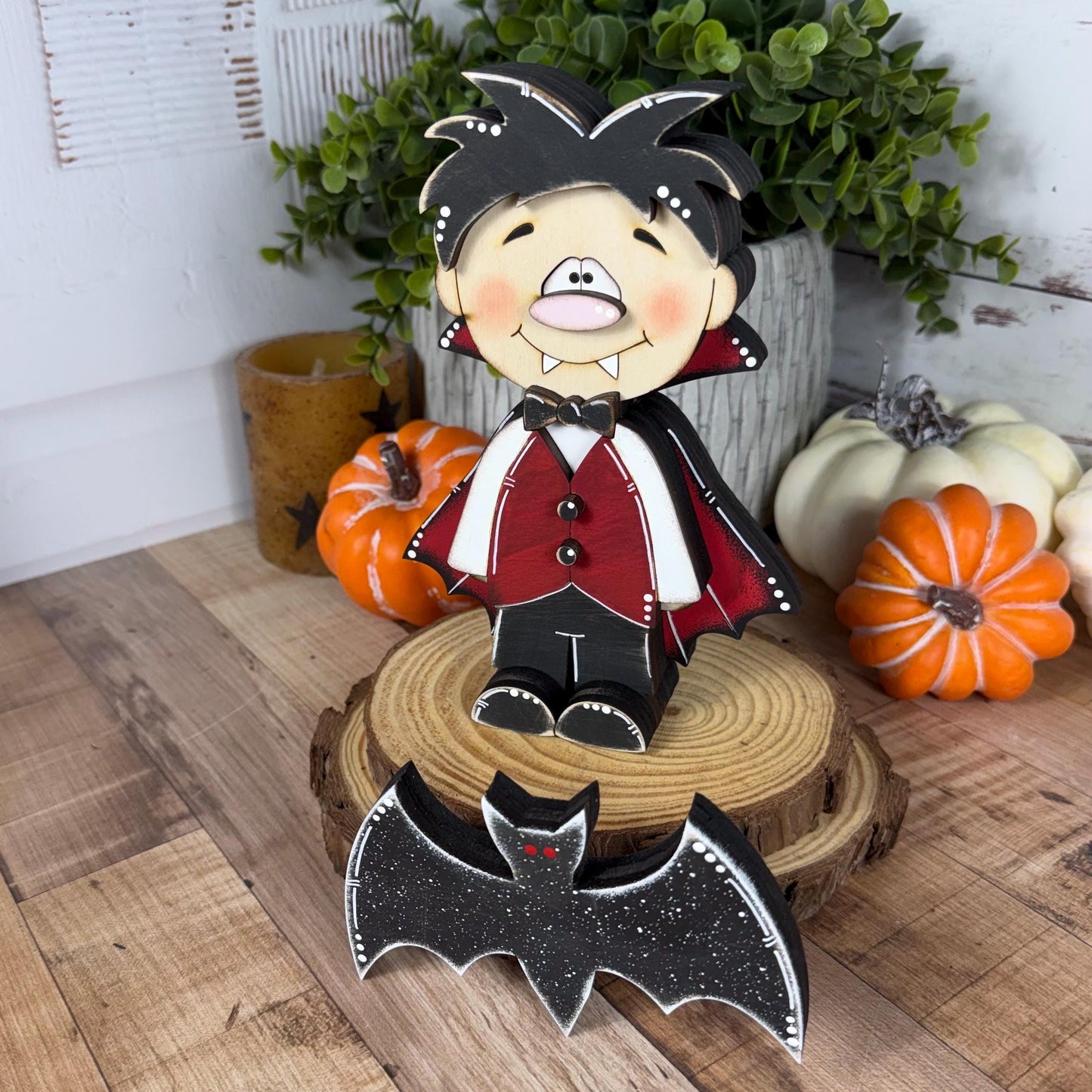 Hand-Painted Wooden Vampire and Bat Halloween Shelf Decor