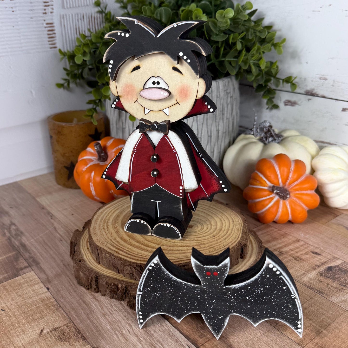 Hand-Painted Wooden Vampire and Bat Halloween Shelf Decor