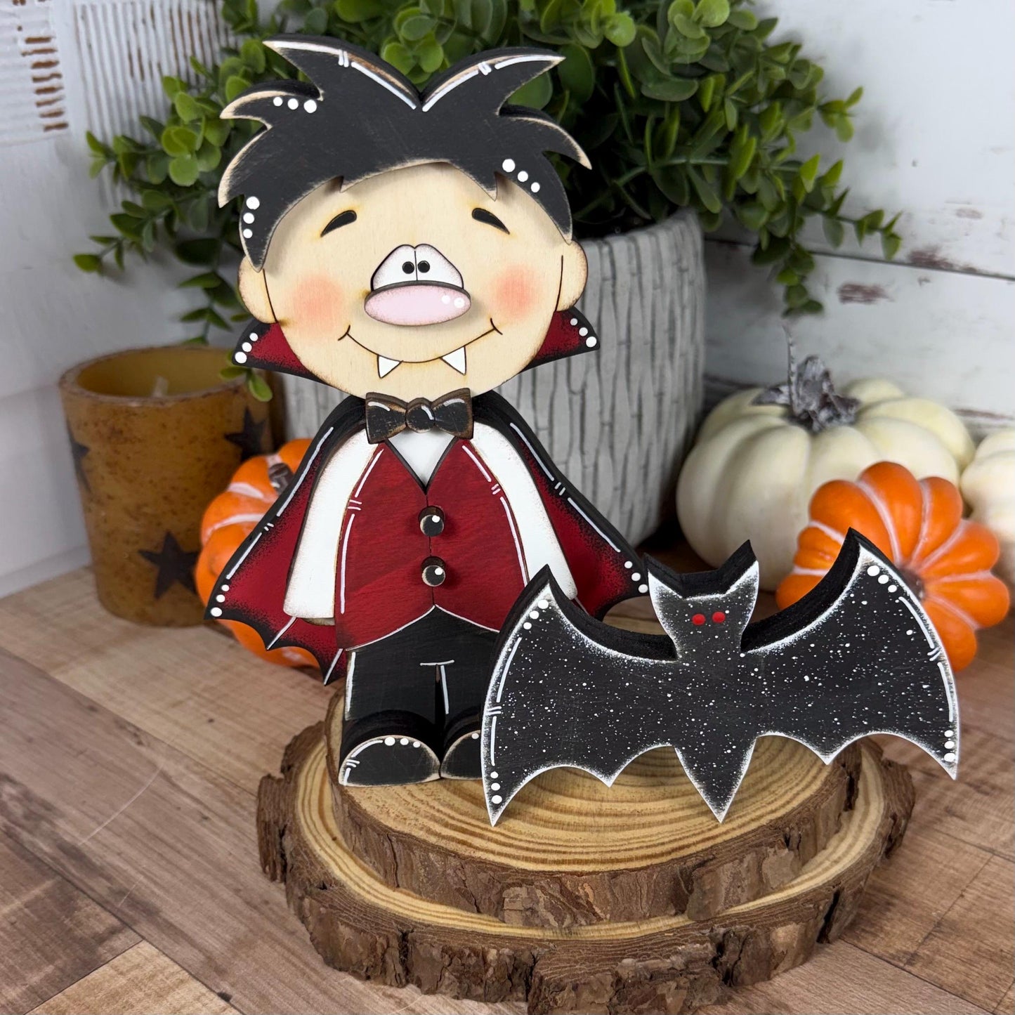 Hand-Painted Wooden Vampire and Bat Halloween Shelf Decor