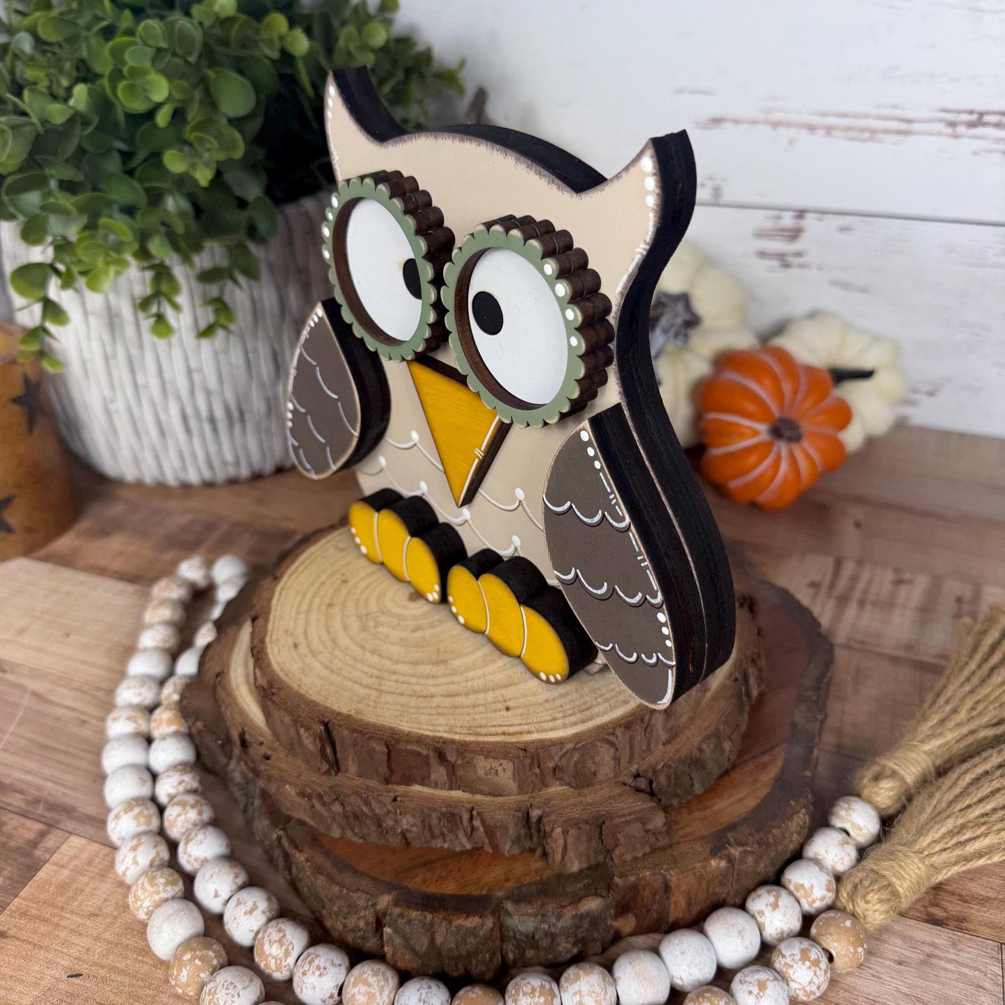 Handcrafted Wooden Owl Shelf Sitter | Hand Painted Distressed Farmhouse Decor