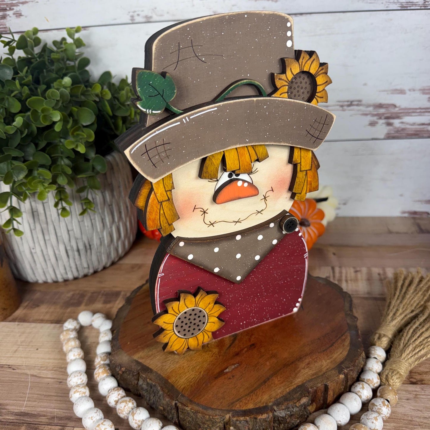 Charming Chunky Wooden Girl Scarecrow Shelf Sitter for Fall Farmhouse Vibes
