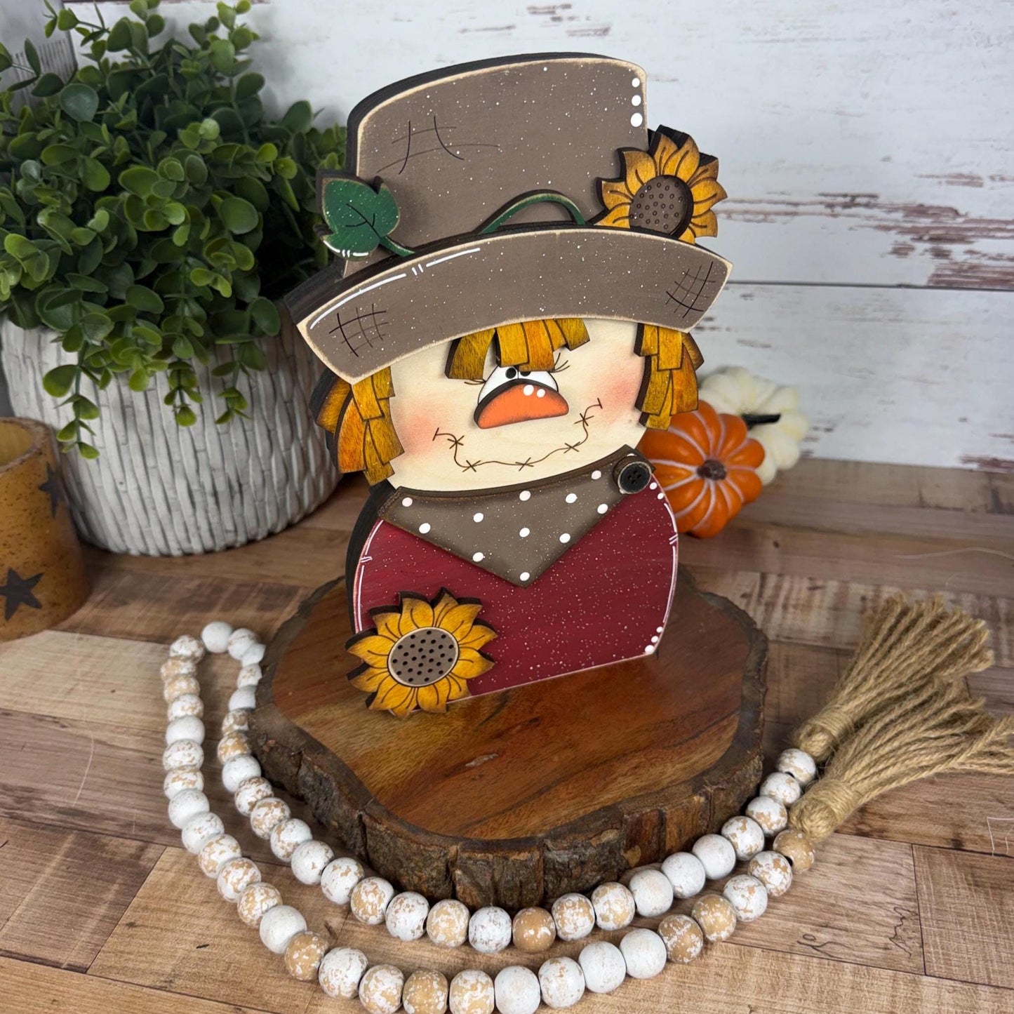 Charming Chunky Wooden Girl Scarecrow Shelf Sitter for Fall Farmhouse Vibes