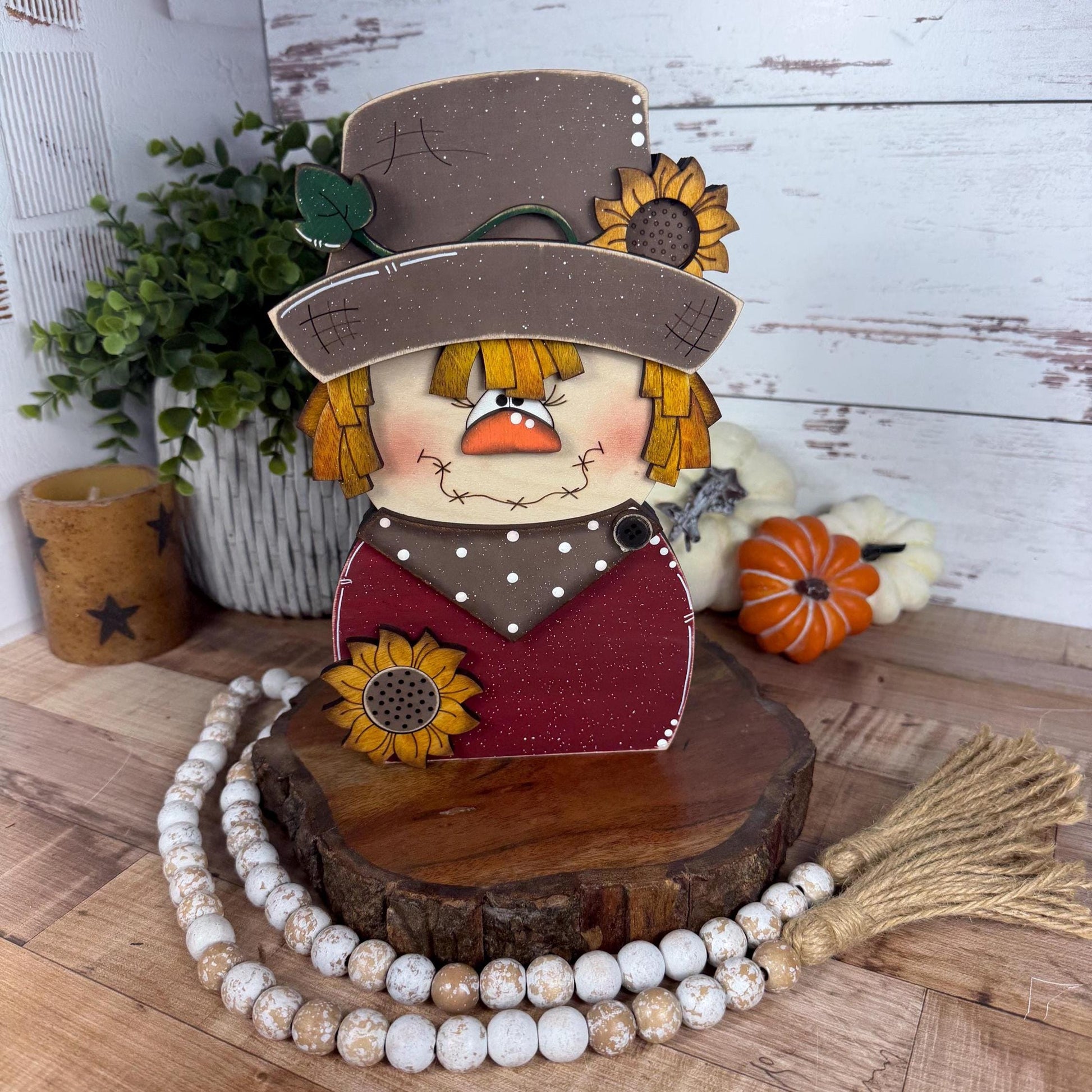 Charming Chunky Wooden Girl Scarecrow Shelf Sitter for Fall Farmhouse Vibes