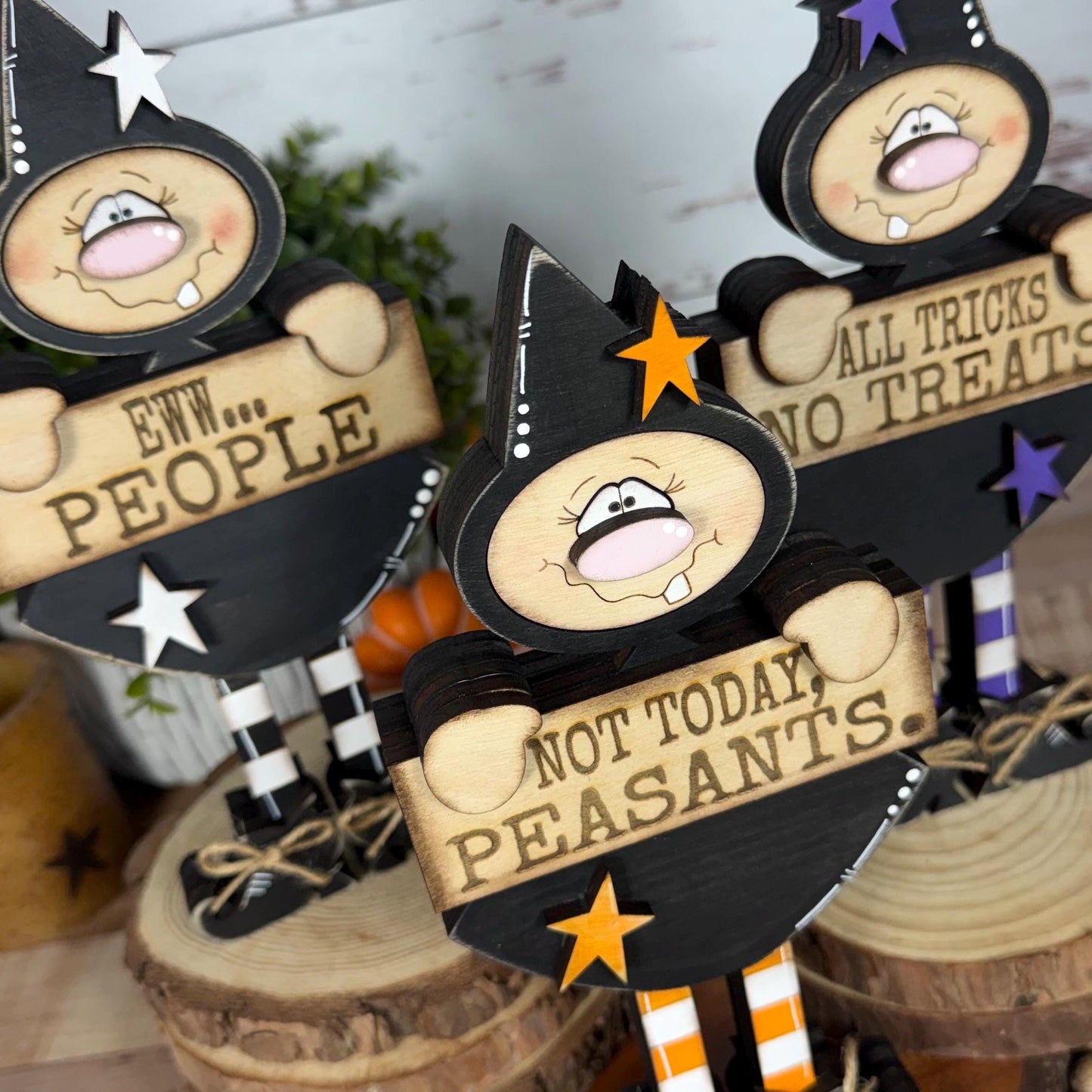 Hand-Painted Wooden Witch Shelf Sitter for Rustic Halloween Decor