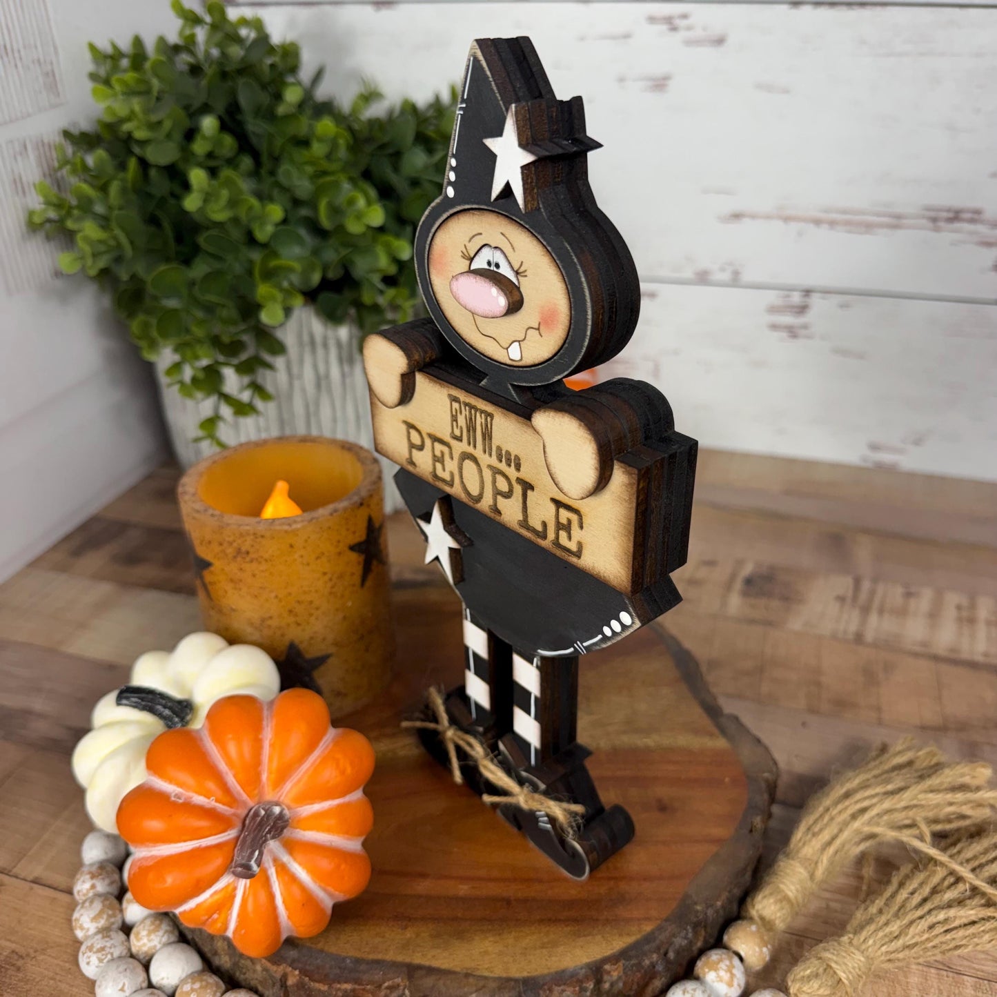 Hand-Painted Wooden Witch Shelf Sitter for Rustic Halloween Decor
