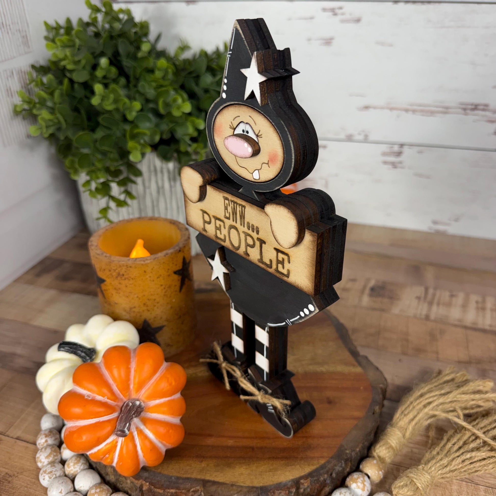 Hand-Painted Wooden Witch Shelf Sitter for Rustic Halloween Decor