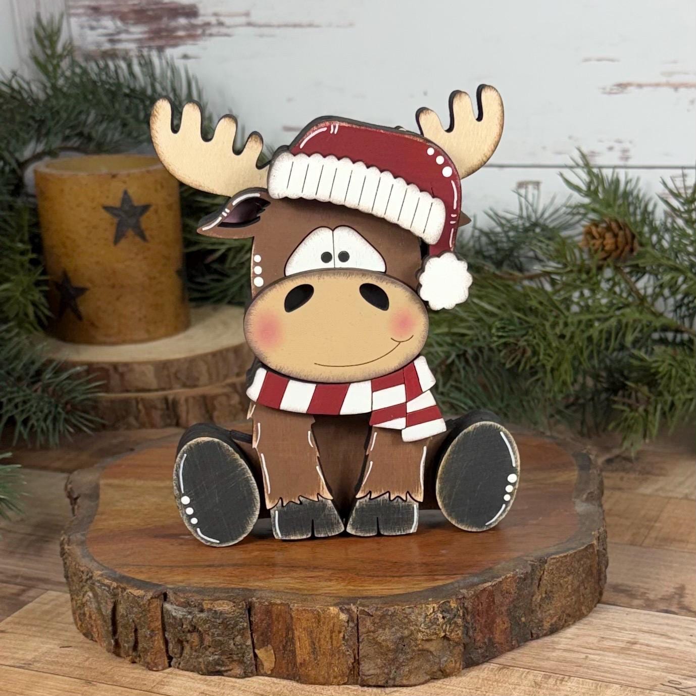 Chunky Hand-Painted Wooden Christmas Moose Shelf Sitter, Rustic Holiday Decor