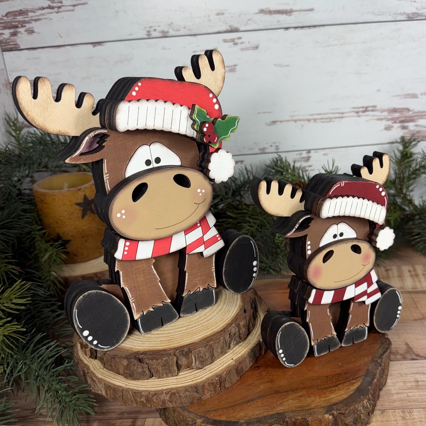 Chunky Hand-Painted Wooden Christmas Moose Shelf Sitter, Rustic Holiday Decor