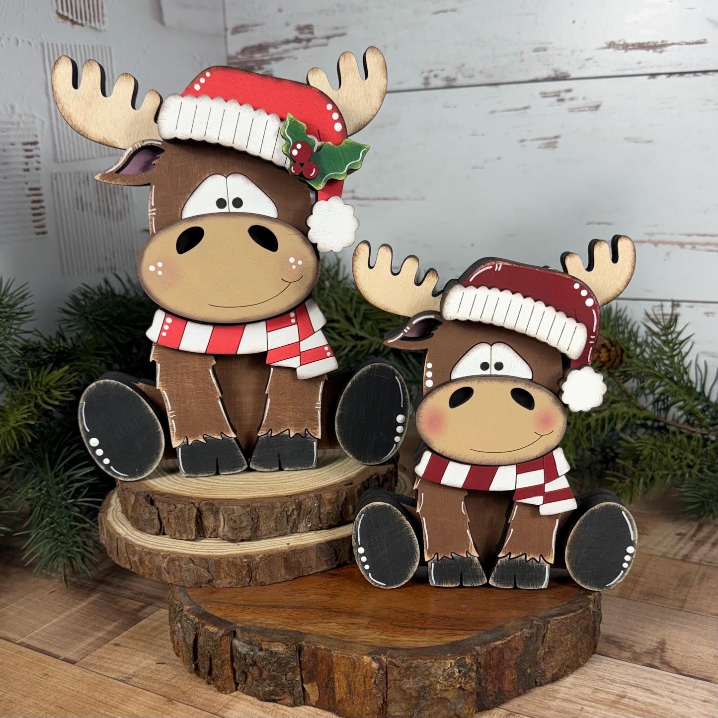 Chunky Hand-Painted Wooden Christmas Moose Shelf Sitter, Rustic Holiday Decor