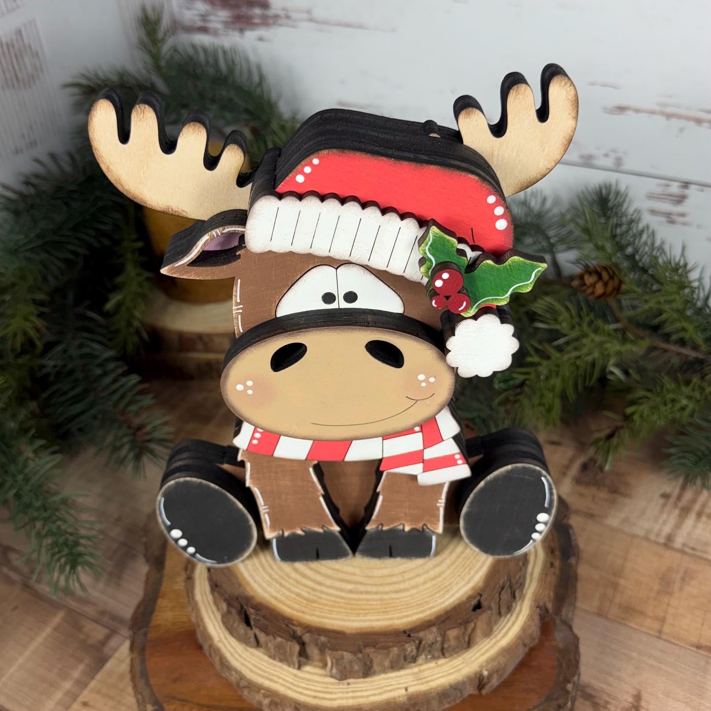 Chunky Hand-Painted Wooden Christmas Moose Shelf Sitter, Rustic Holiday Decor