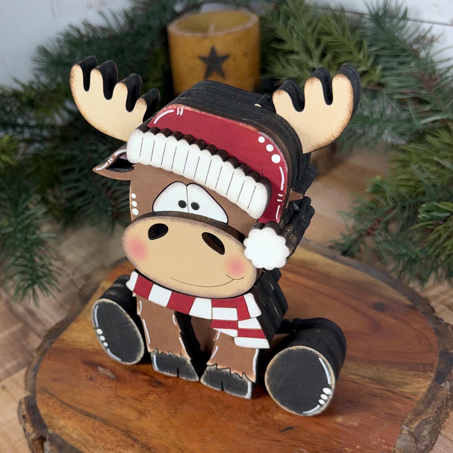 Chunky Hand-Painted Wooden Christmas Moose Shelf Sitter, Rustic Holiday Decor