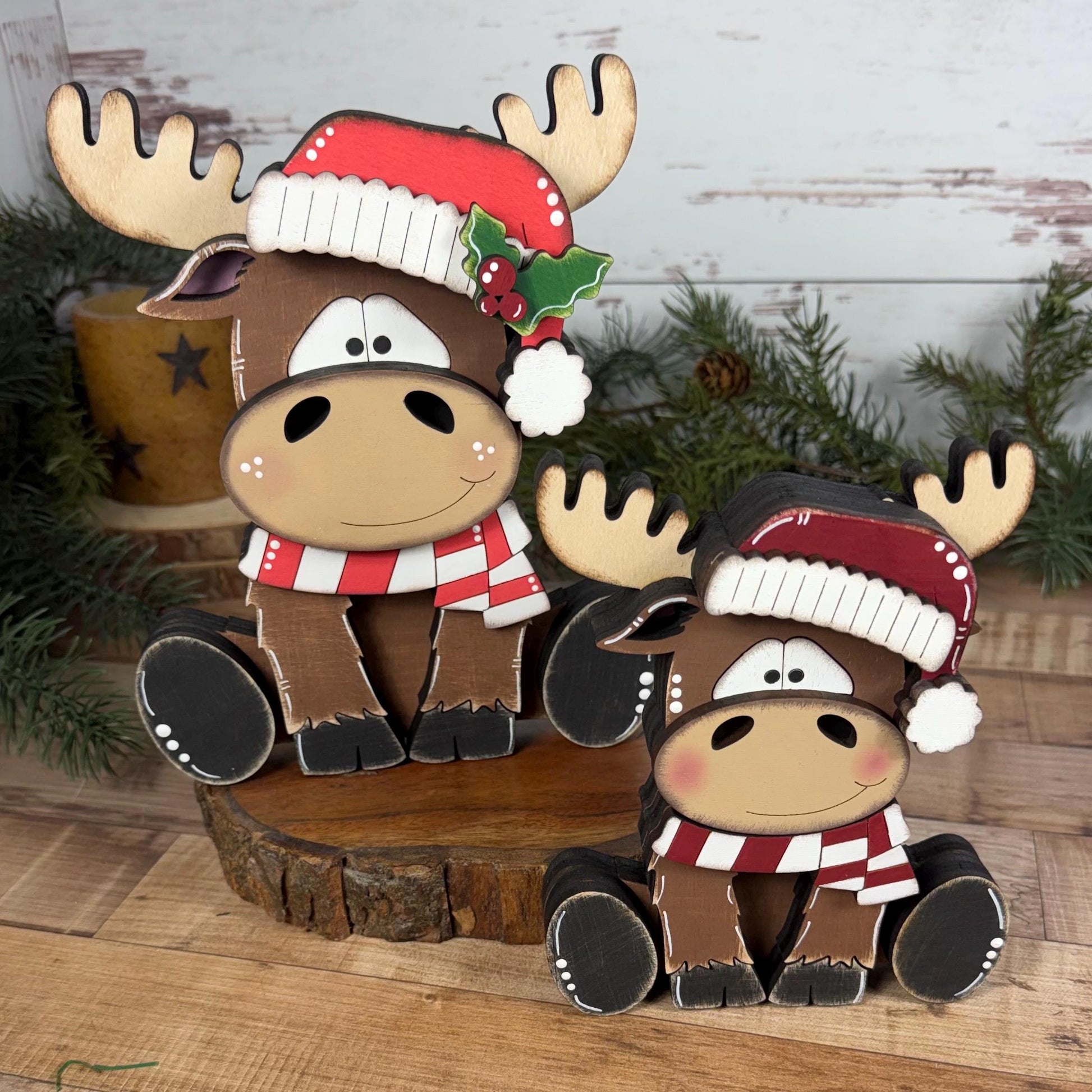 Chunky Hand-Painted Wooden Christmas Moose Shelf Sitter, Rustic Holiday Decor