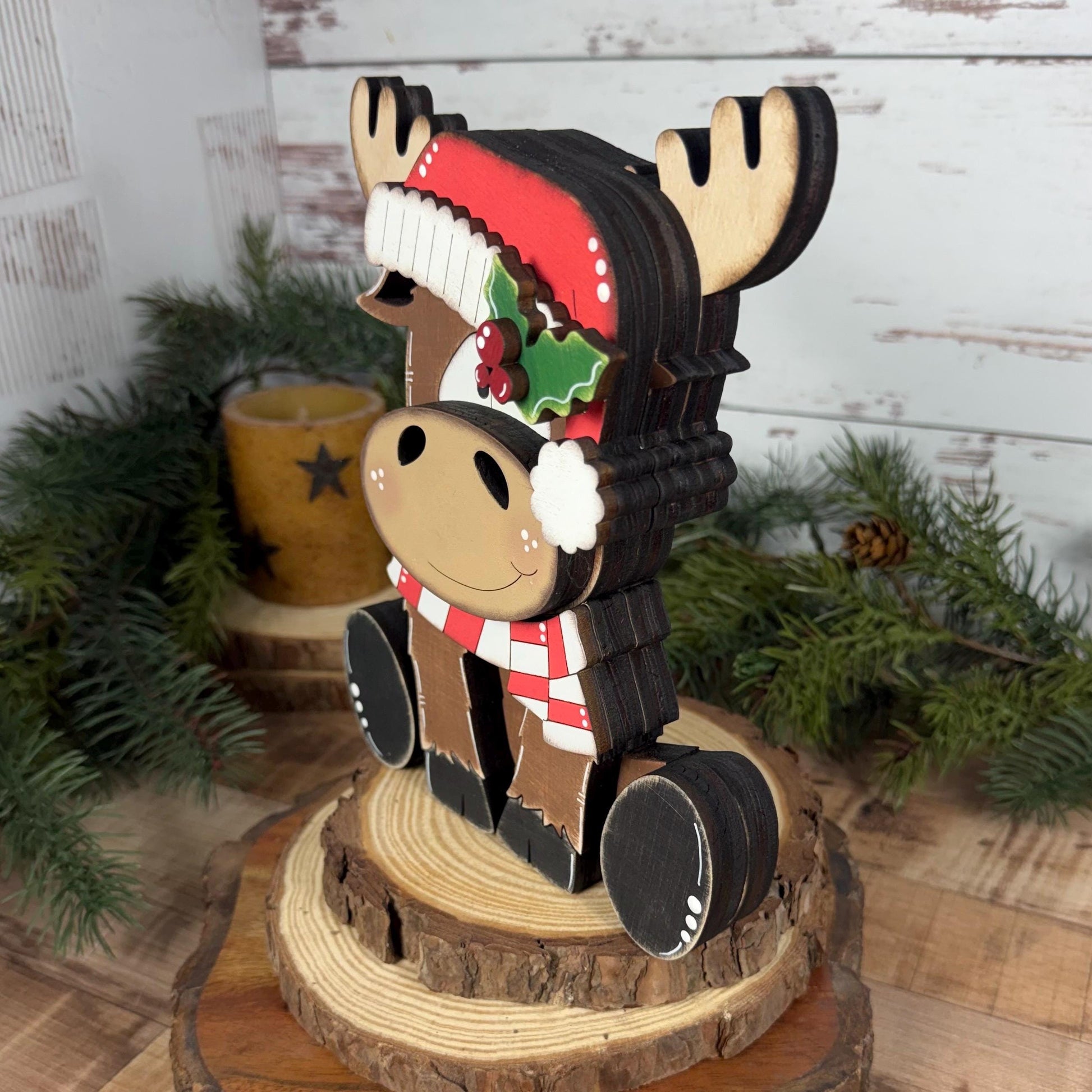 Chunky Hand-Painted Wooden Christmas Moose Shelf Sitter, Rustic Holiday Decor