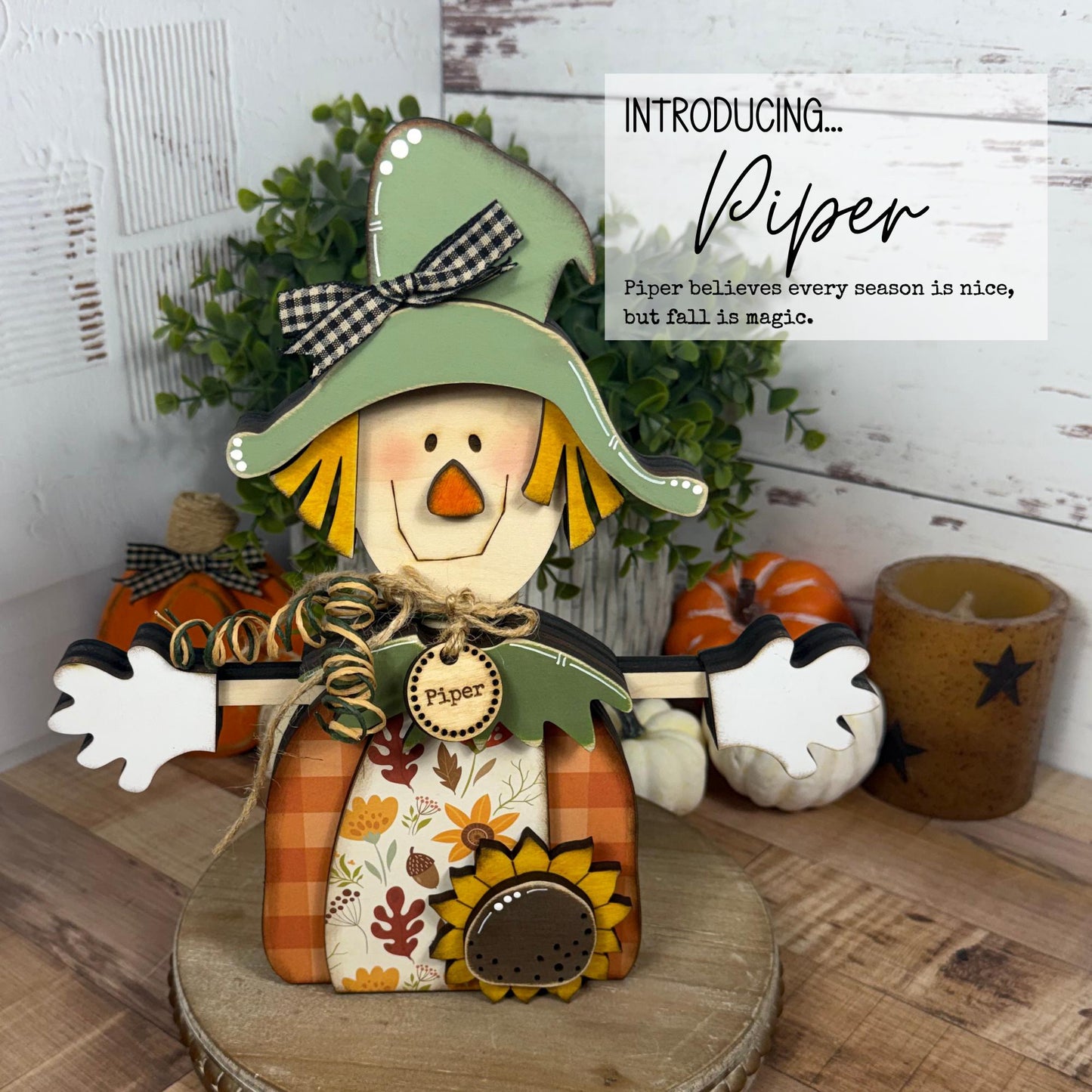 Wooden Scarecrow Shelf Sitter for Fall Farmhouse Decor