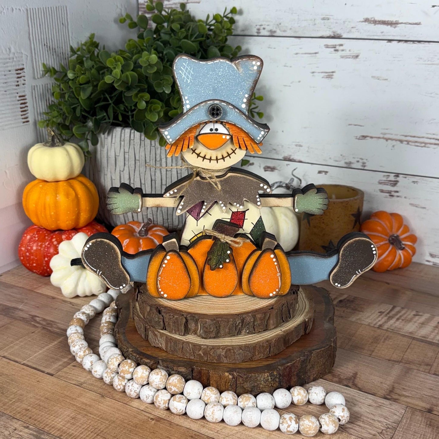 Handmade Wooden Scarecrow Shelf Sitter with Pumpkins, Rustic Fall Decor