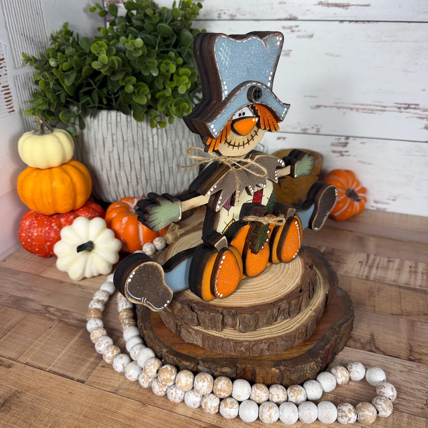 Handmade Wooden Scarecrow Shelf Sitter with Pumpkins, Rustic Fall Decor