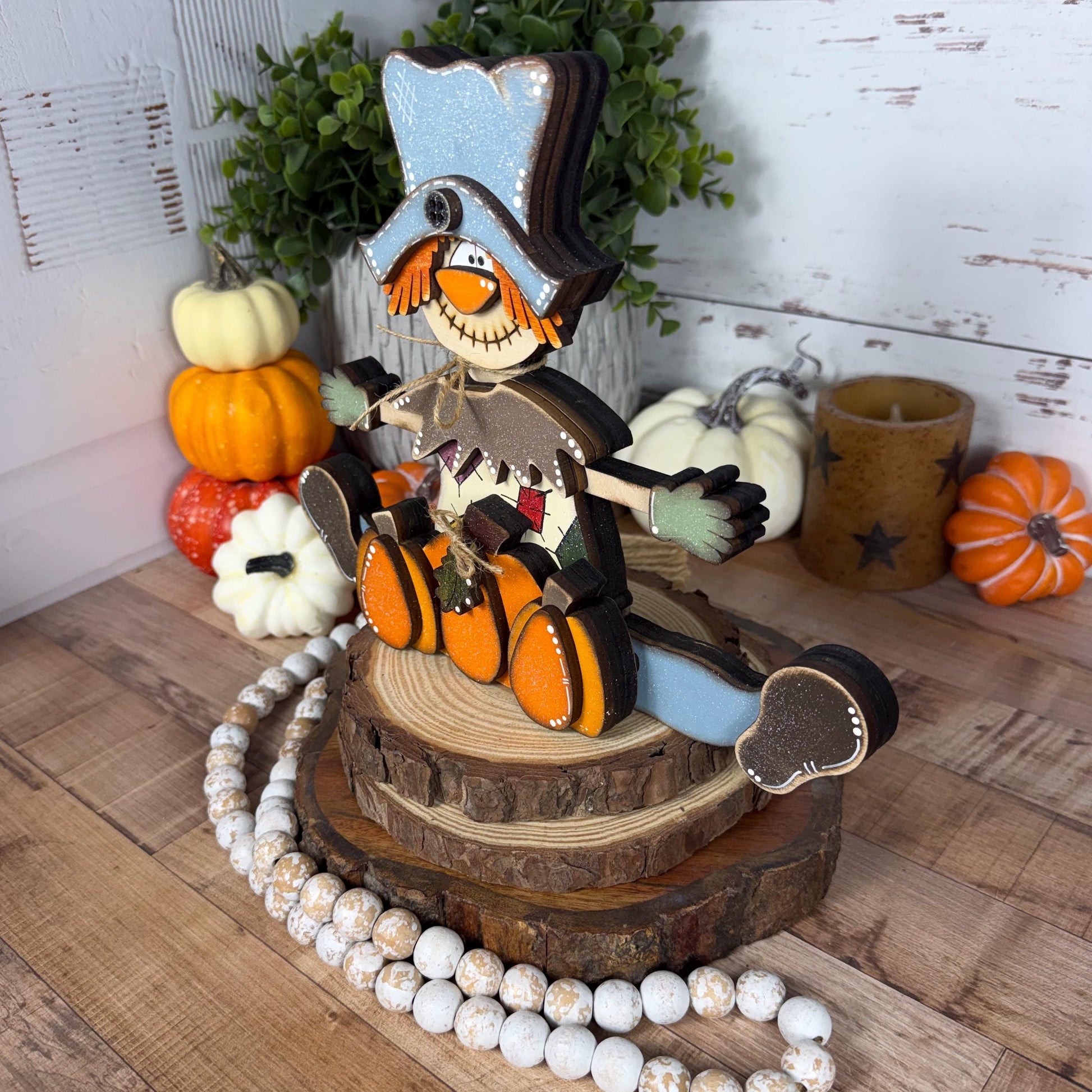 Handmade Wooden Scarecrow Shelf Sitter with Pumpkins, Rustic Fall Decor