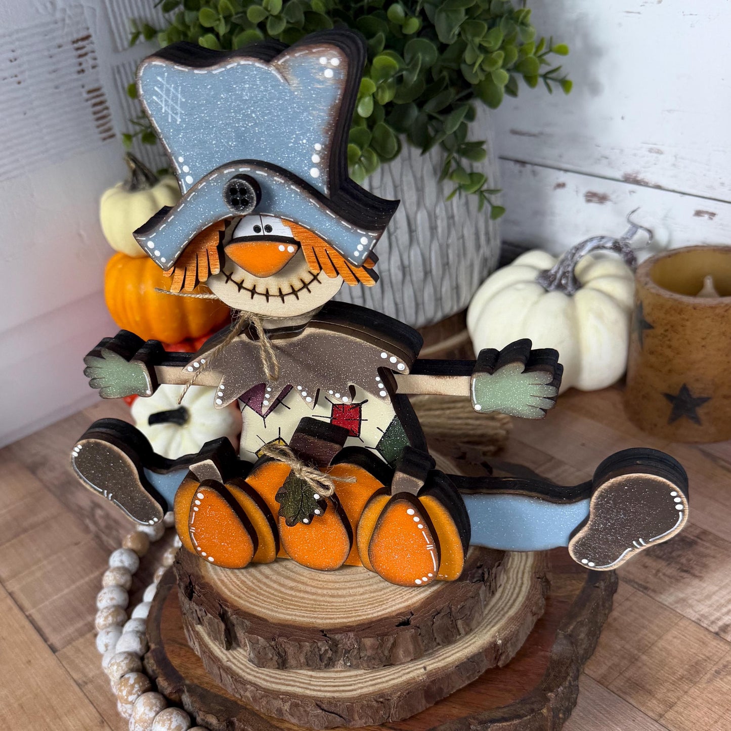Handmade Wooden Scarecrow Shelf Sitter with Pumpkins, Rustic Fall Decor