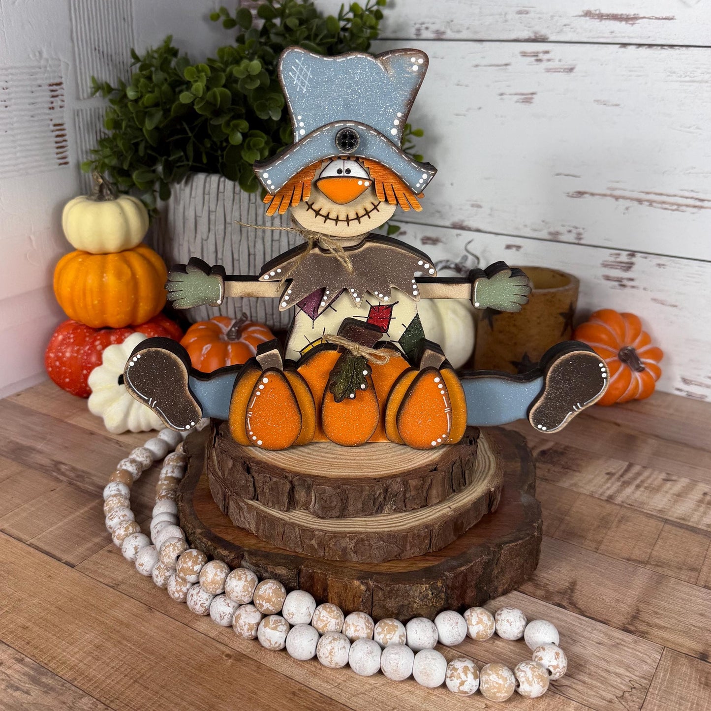 Handmade Wooden Scarecrow Shelf Sitter with Pumpkins, Rustic Fall Decor