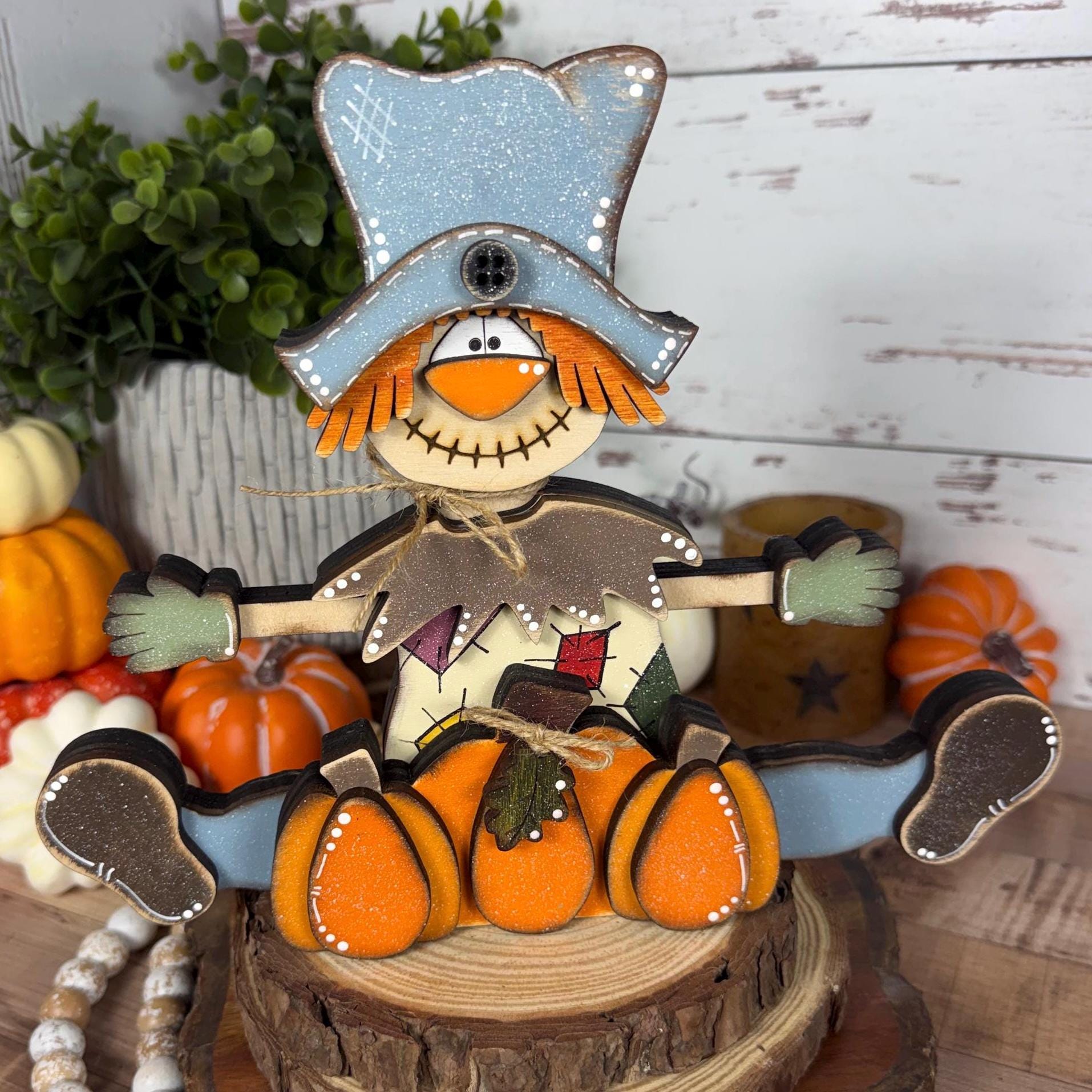 Handmade Wooden Scarecrow Shelf Sitter with Pumpkins, Rustic Fall Decor