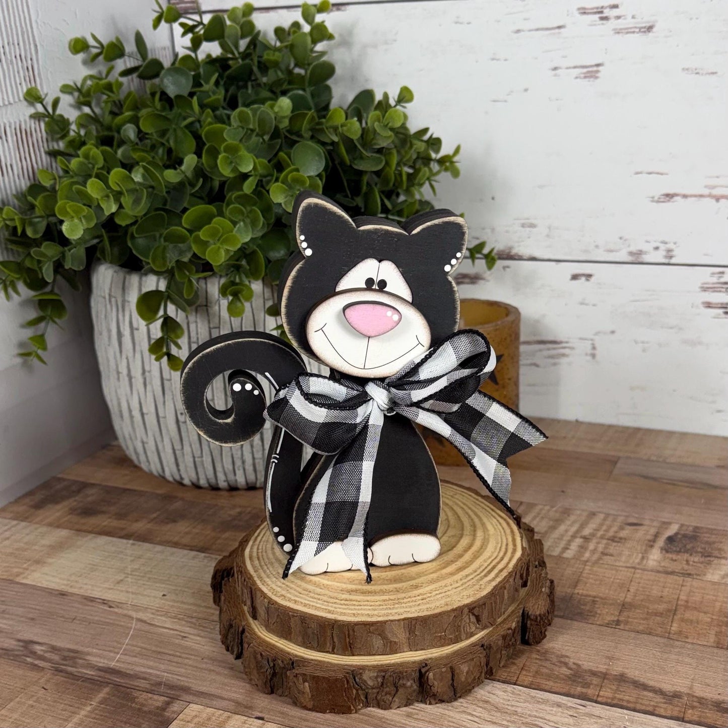 Black & White Wooden Cat – Hand-Painted Shelf Sitter or Decor
