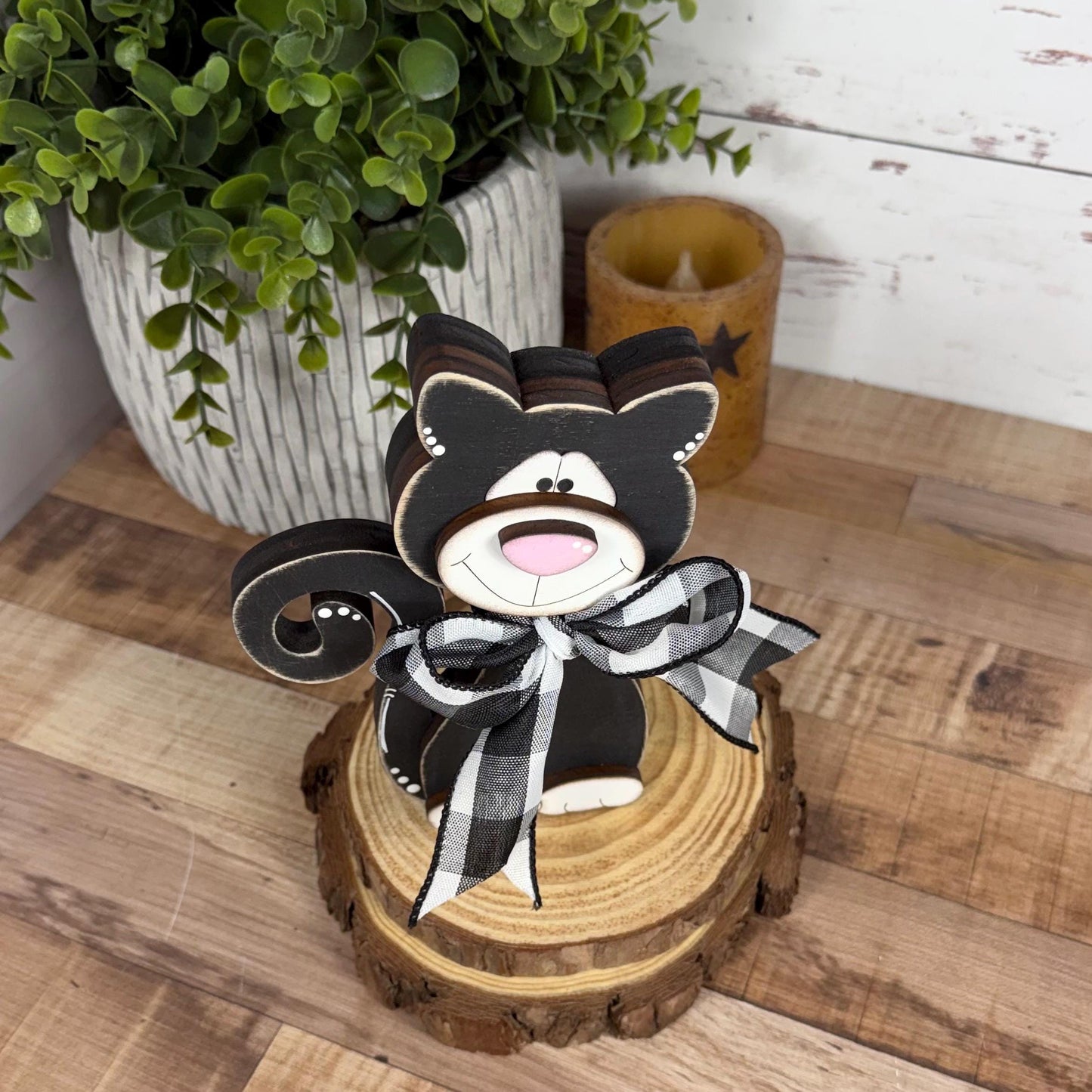 Black & White Wooden Cat – Hand-Painted Shelf Sitter or Decor