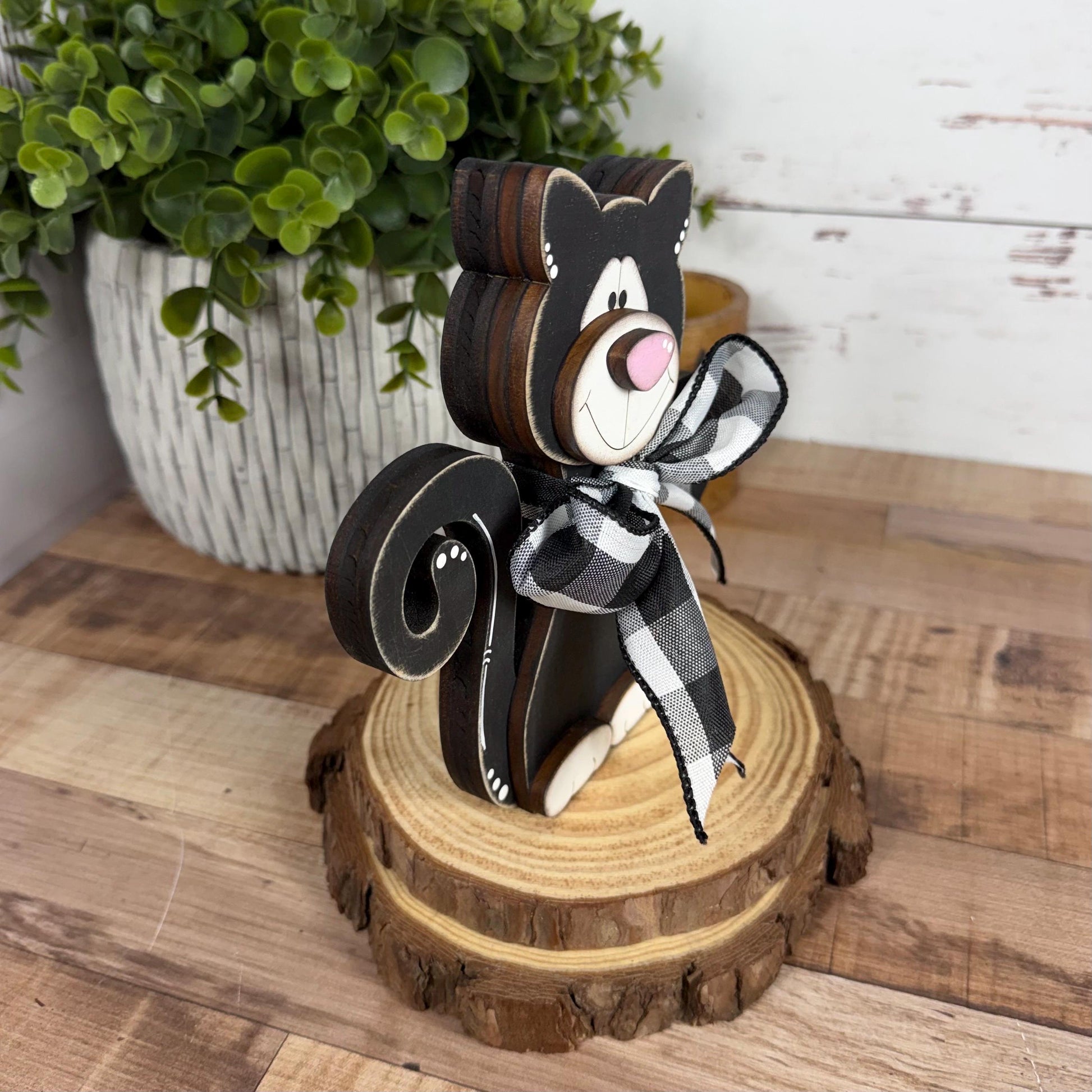 Black & White Wooden Cat – Hand-Painted Shelf Sitter or Decor