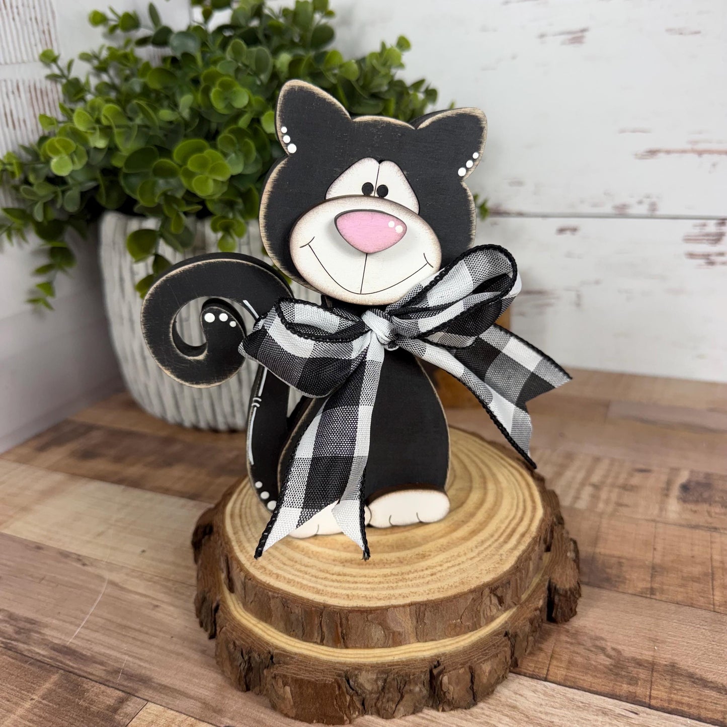 Black & White Wooden Cat – Hand-Painted Shelf Sitter or Decor