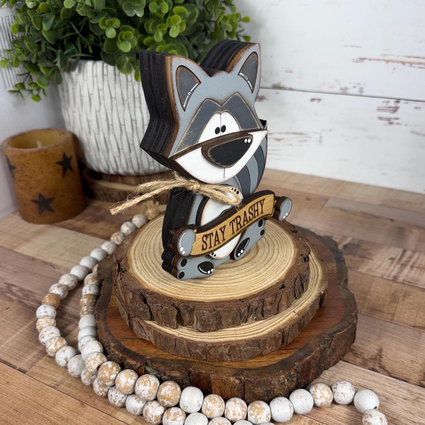 Interchangeable Raccoon Shelf Sitter, Hand Painted Wooden Woodland Decor