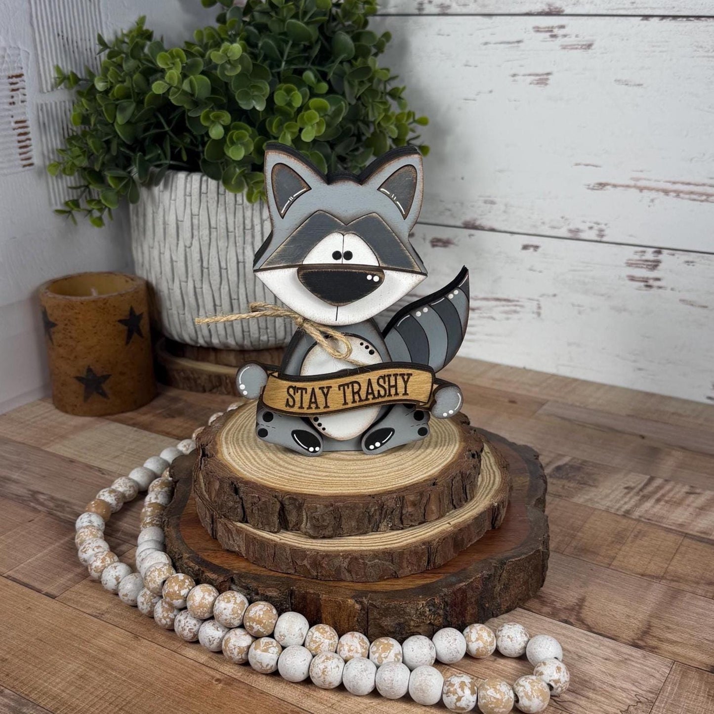 Interchangeable Raccoon Shelf Sitter, Hand Painted Wooden Woodland Decor