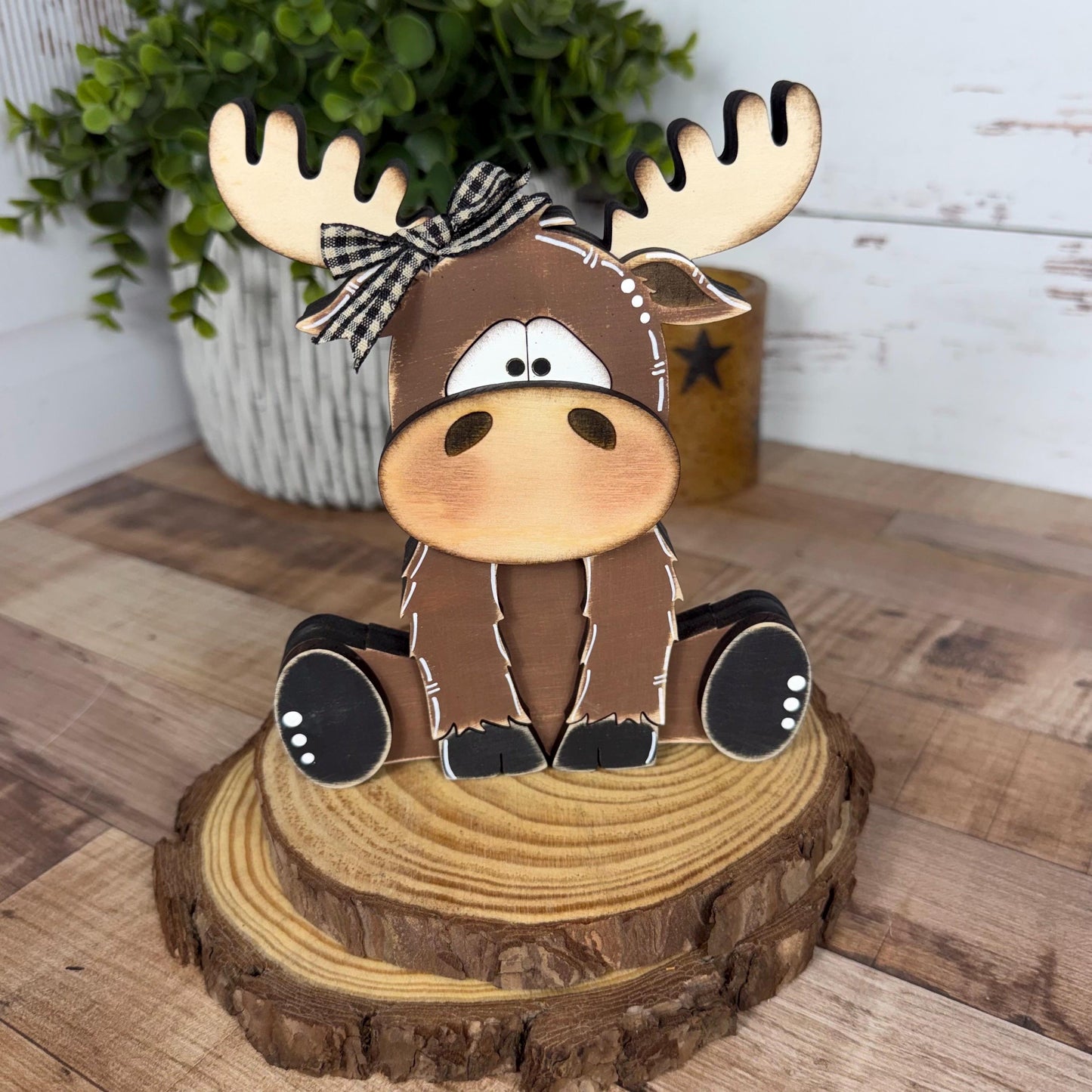 Chunky Wooden Moose Shelf Sitter | Hand Painted Rustic Farmhouse Woodland Decor