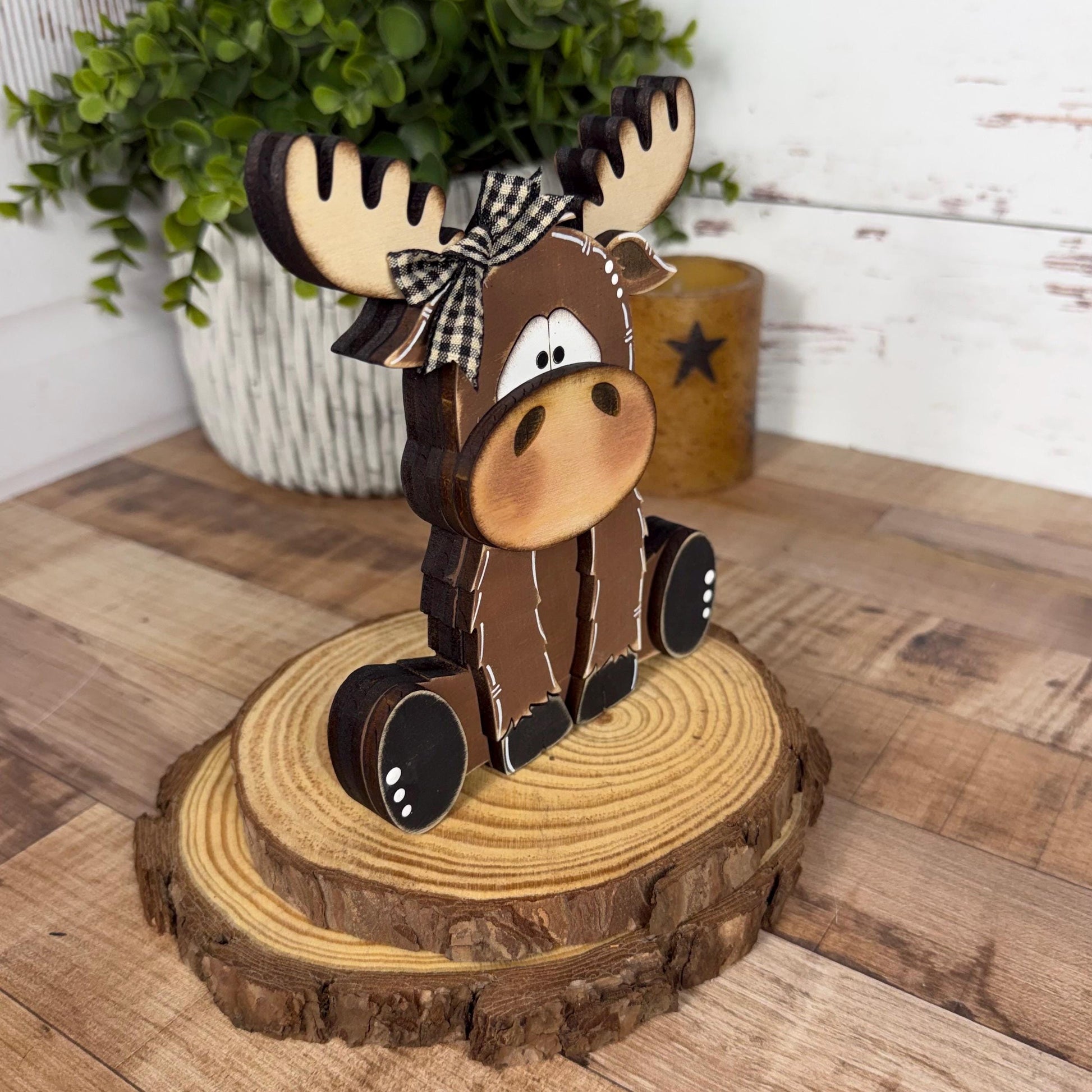 Chunky Wooden Moose Shelf Sitter | Hand Painted Rustic Farmhouse Woodland Decor