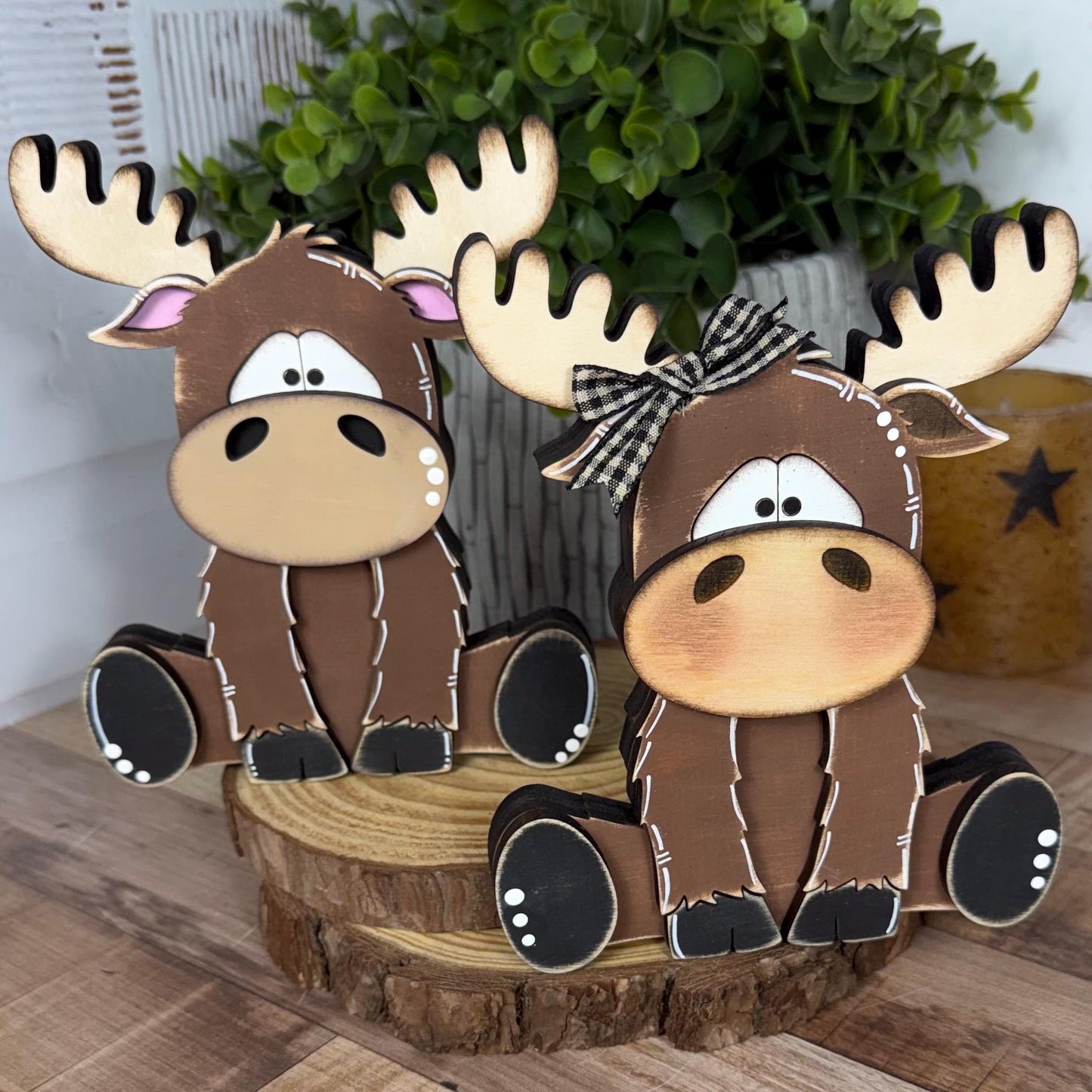 Chunky Wooden Moose Shelf Sitter | Hand Painted Rustic Farmhouse Woodland Decor