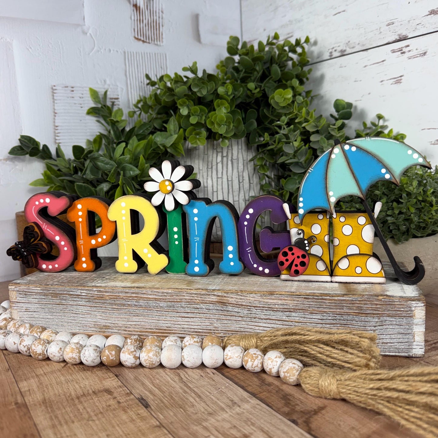 Spring Wooden Shelf Sitter – Hand-Painted Layered Spring Decor