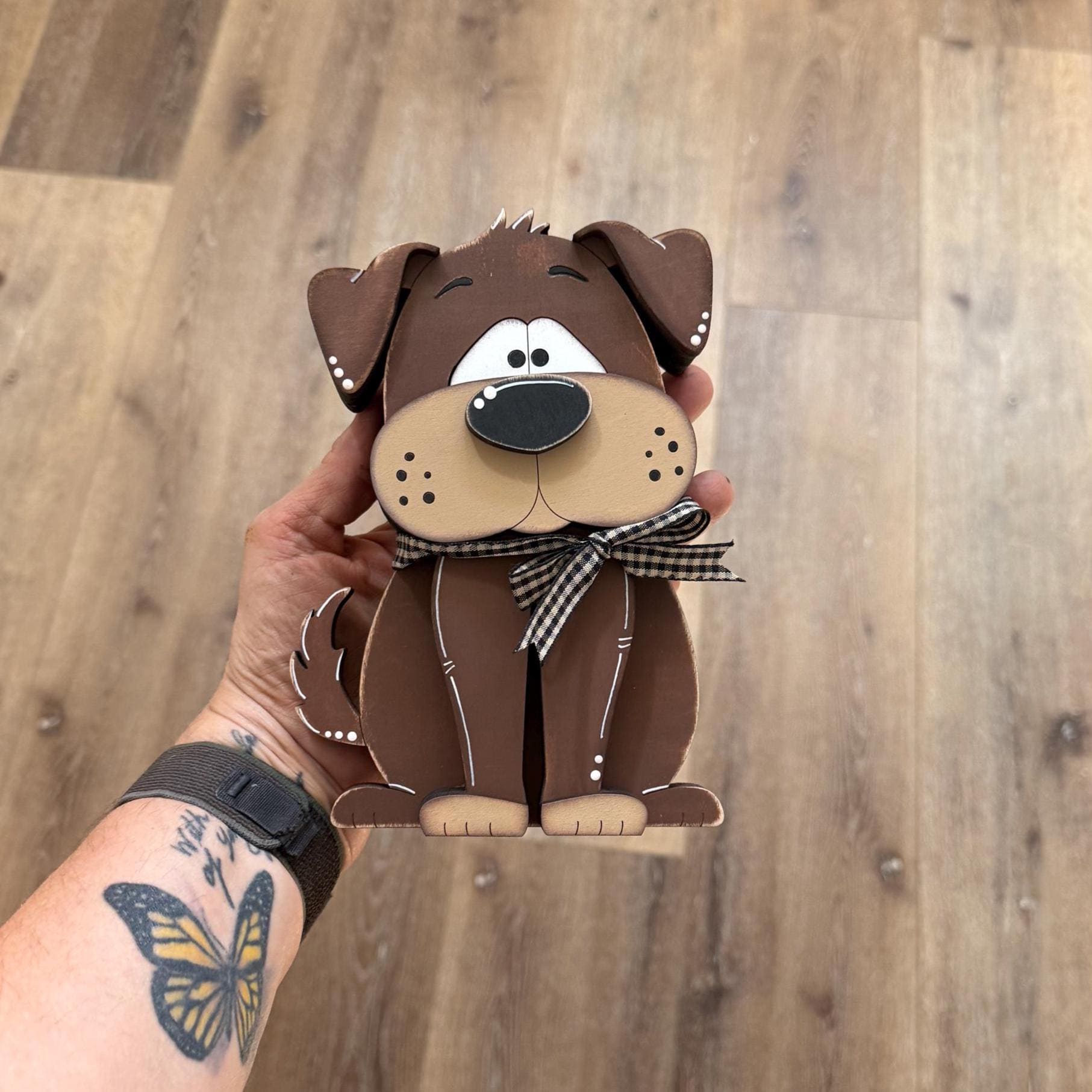 Adorable Hand Painted Wooden Brown Dog Shelf Sitter