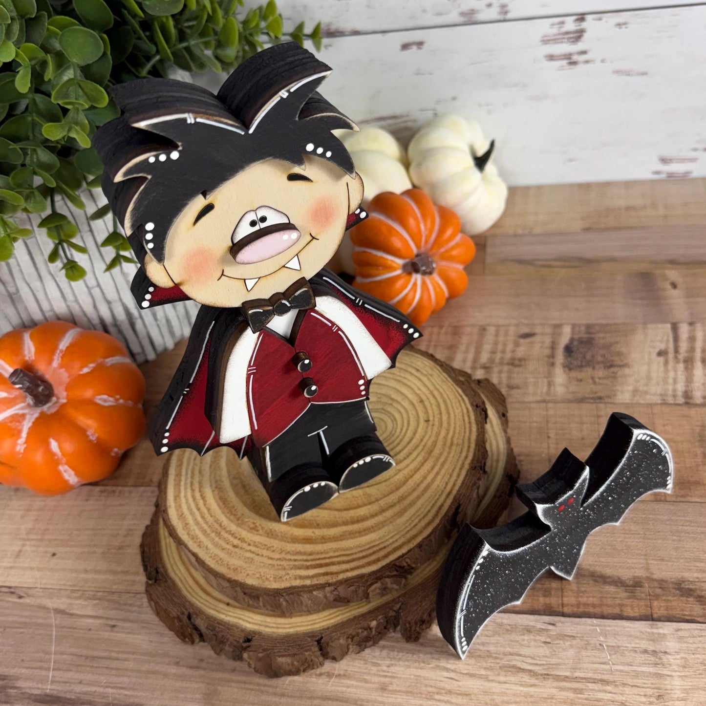 Hand-Painted Wooden Vampire and Bat Halloween Shelf Decor