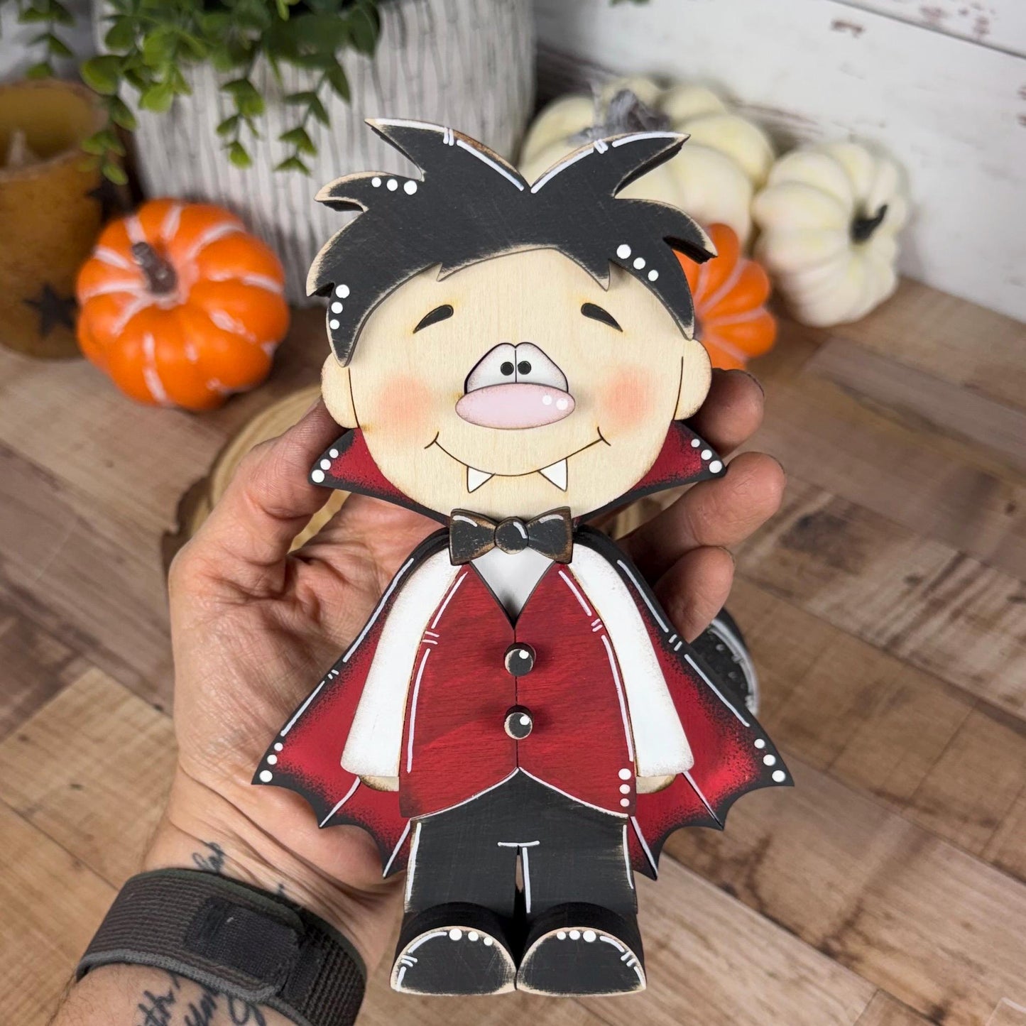 Hand-Painted Wooden Vampire and Bat Halloween Shelf Decor