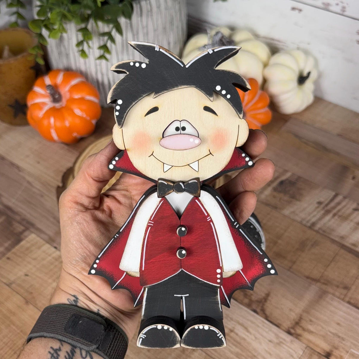 Hand-Painted Wooden Vampire and Bat Halloween Shelf Decor