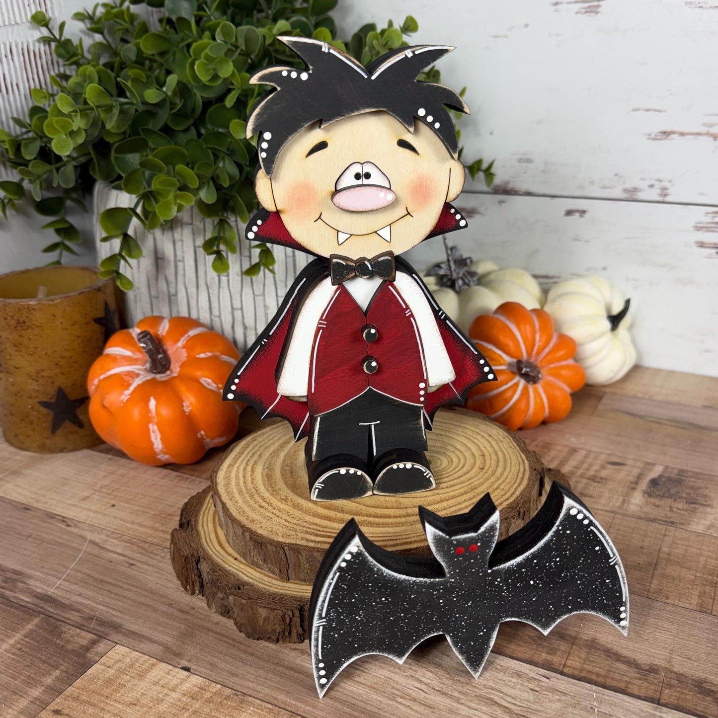 Hand-Painted Wooden Vampire and Bat Halloween Shelf Decor