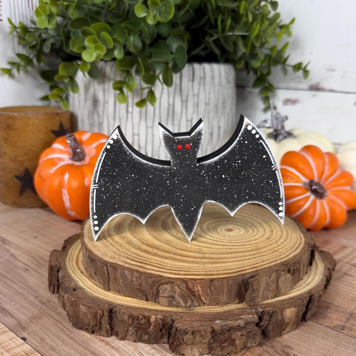 Hand-Painted Wooden Vampire and Bat Halloween Shelf Decor
