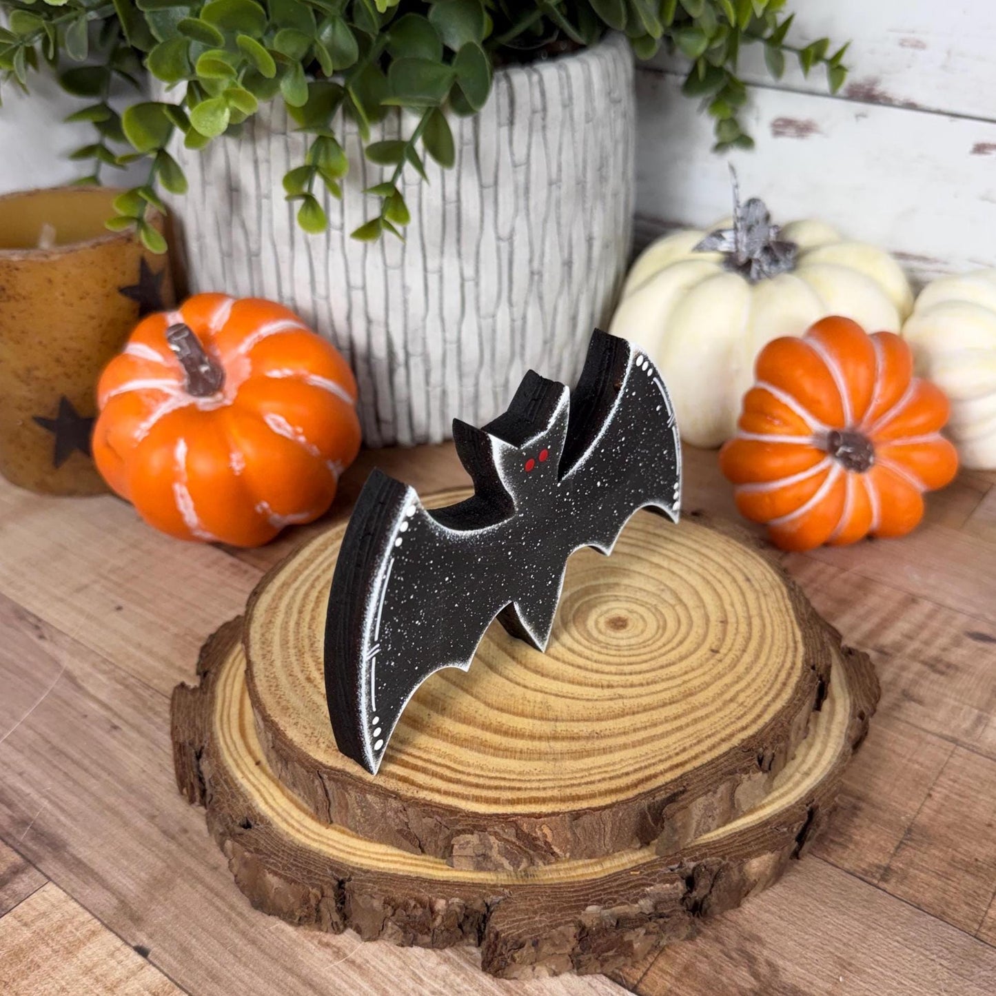 Hand-Painted Wooden Vampire and Bat Halloween Shelf Decor