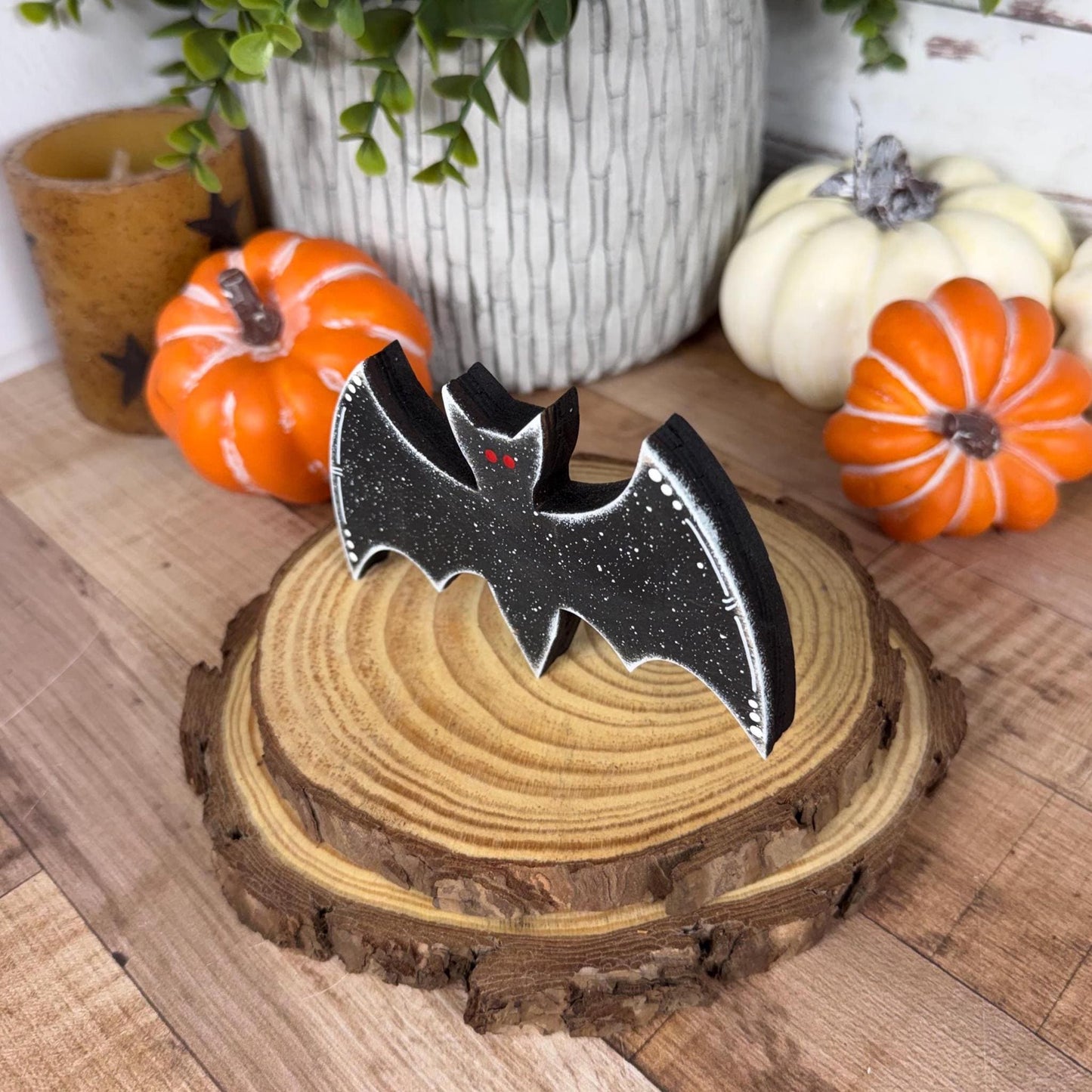 Hand-Painted Wooden Vampire and Bat Halloween Shelf Decor