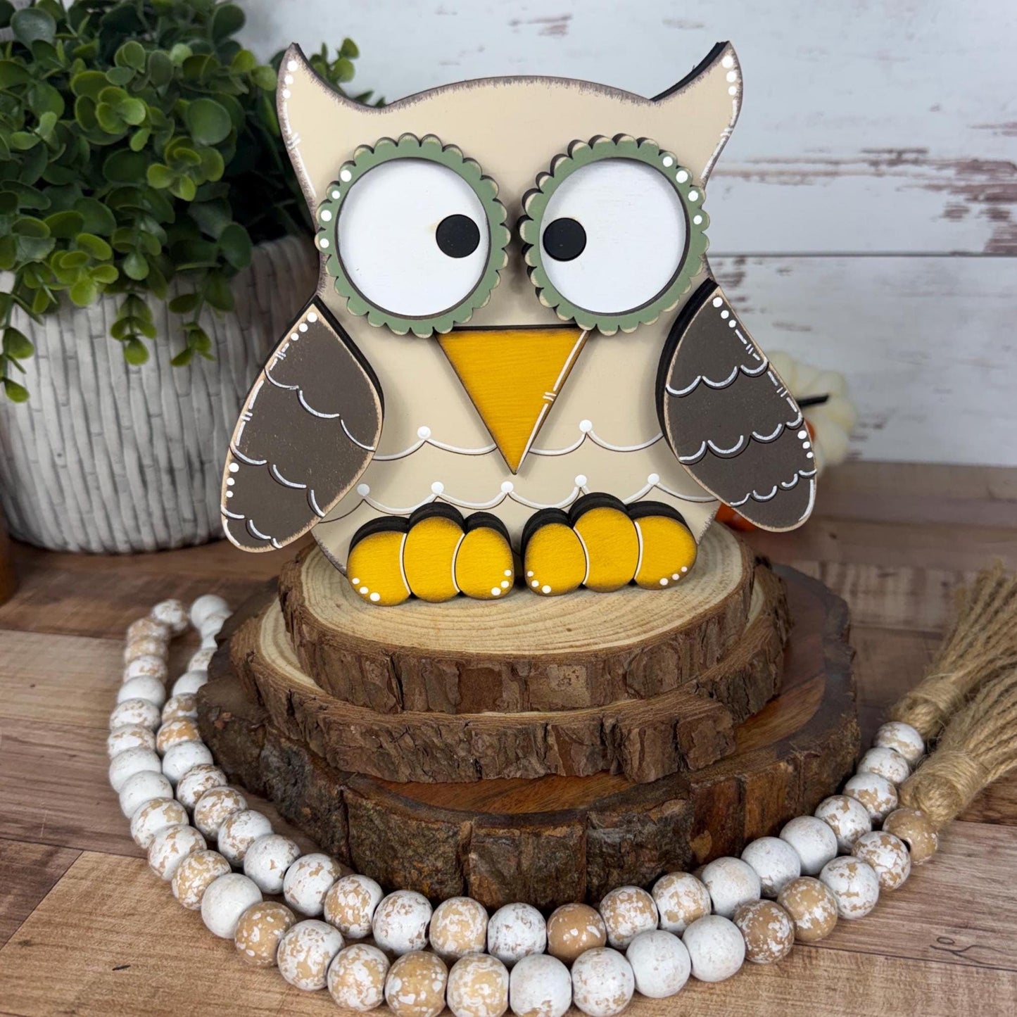 Handcrafted Wooden Owl Shelf Sitter | Hand Painted Distressed Farmhouse Decor