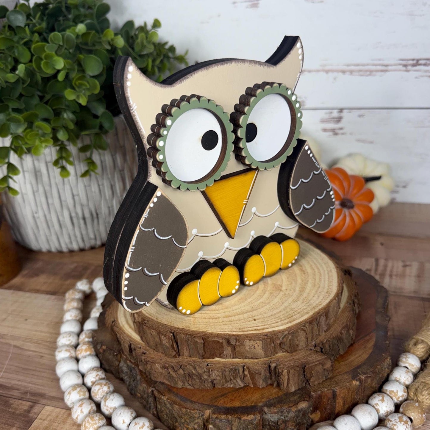 Handcrafted Wooden Owl Shelf Sitter | Hand Painted Distressed Farmhouse Decor