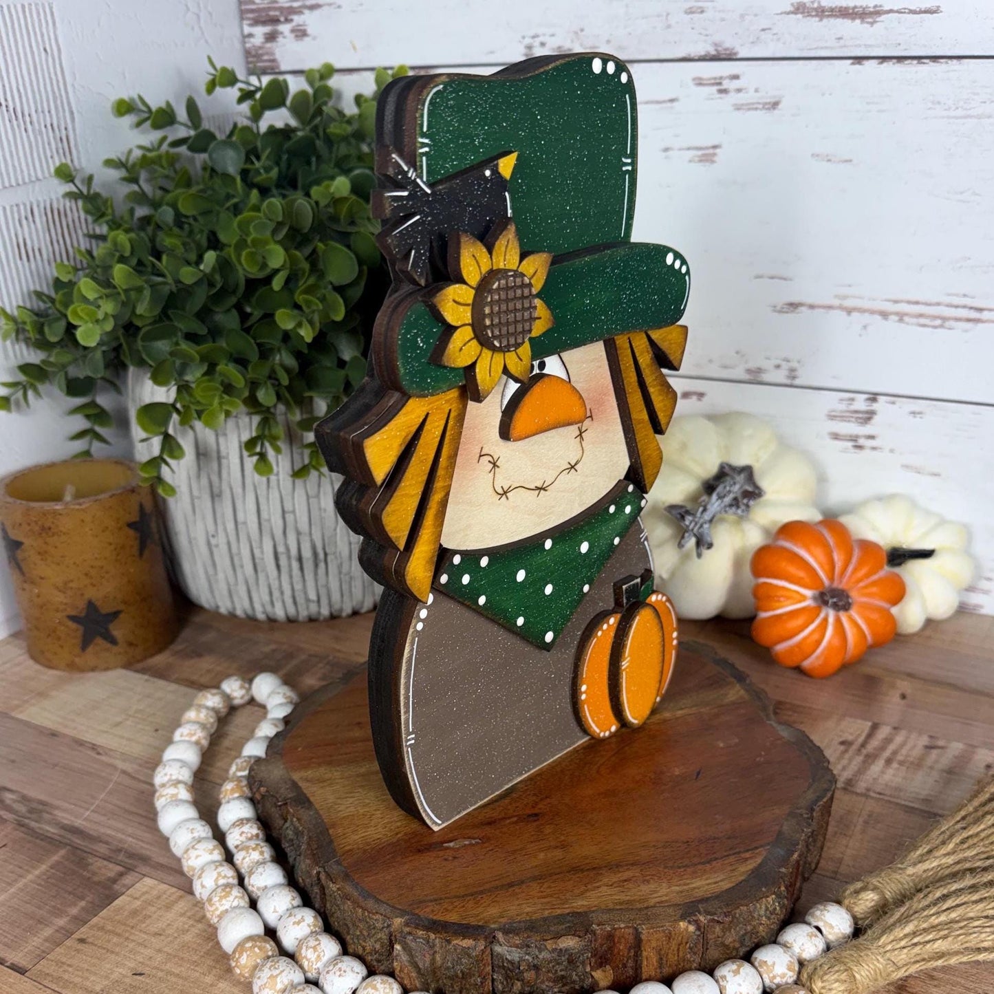 Charming Chunky Wooden Scarecrow Shelf Sitter for Fall Farmhouse Vibes