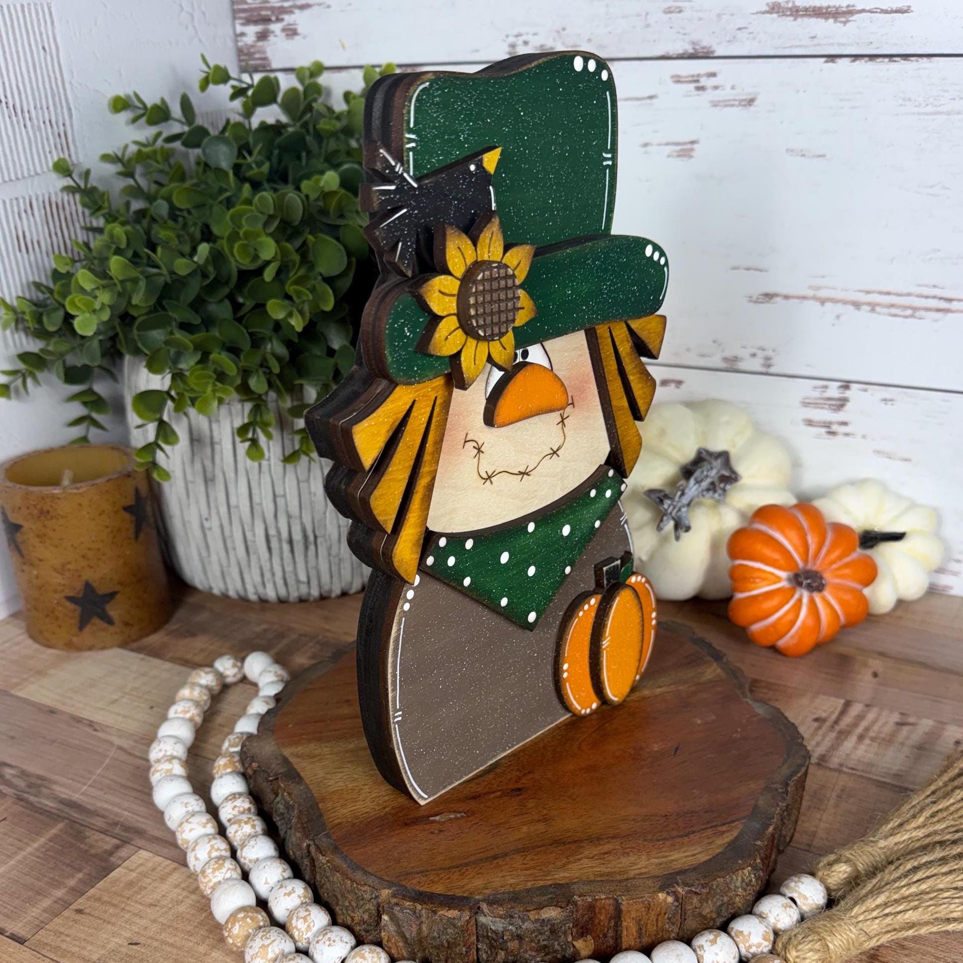 Charming Chunky Wooden Scarecrow Shelf Sitter for Fall Farmhouse Vibes