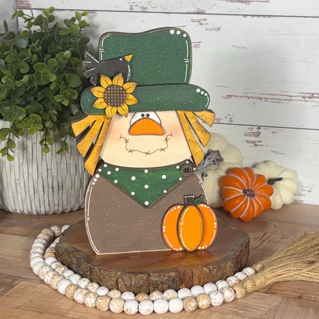 Charming Chunky Wooden Scarecrow Shelf Sitter for Fall Farmhouse Vibes