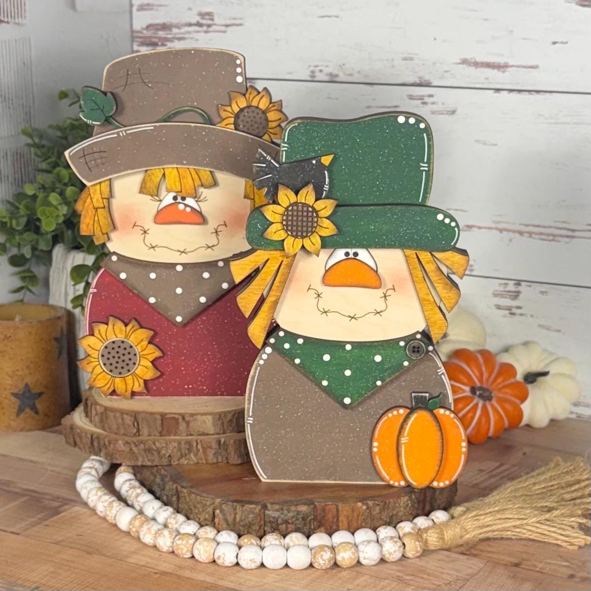 Charming Chunky Wooden Girl Scarecrow Shelf Sitter for Fall Farmhouse Vibes